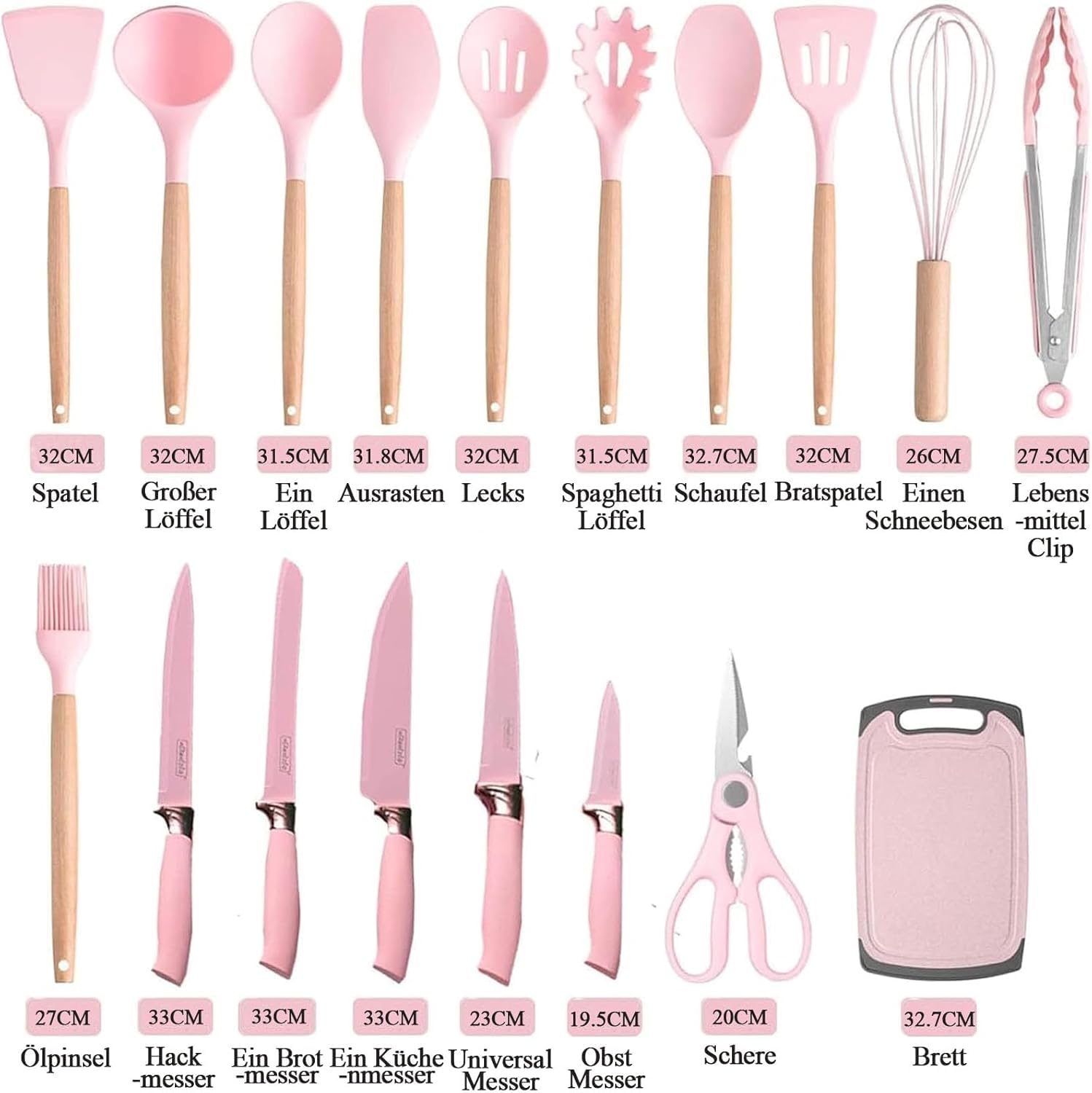Silicone Kitchen Utensils Set of 19 Pieces Kitchen Utensils with Stand and Kitchen Knives for Kitchen Non-Stick Heat Resistant with Wooden Handle (Pink)