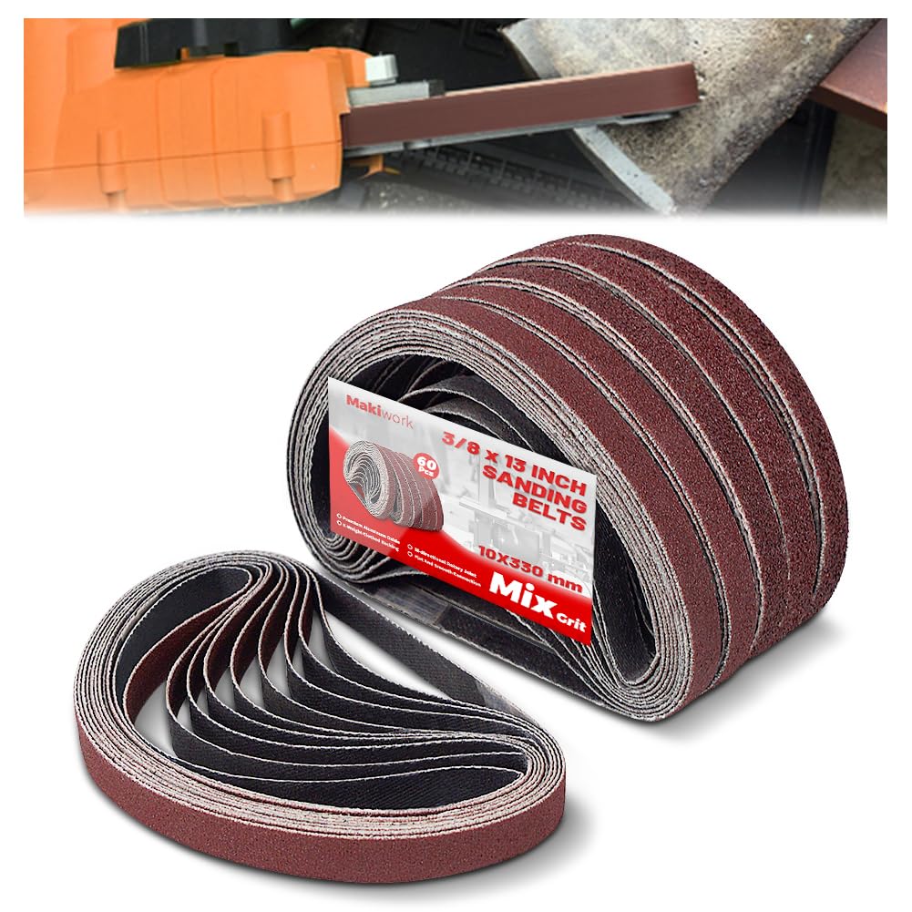 3/8 x 13 Inch 10 x 330 mm Sanding Belts Set - 60-Pack with 40/60/80/120/150/240 Grits, Aluminum Oxide Abrasive Belts for Woodworking
