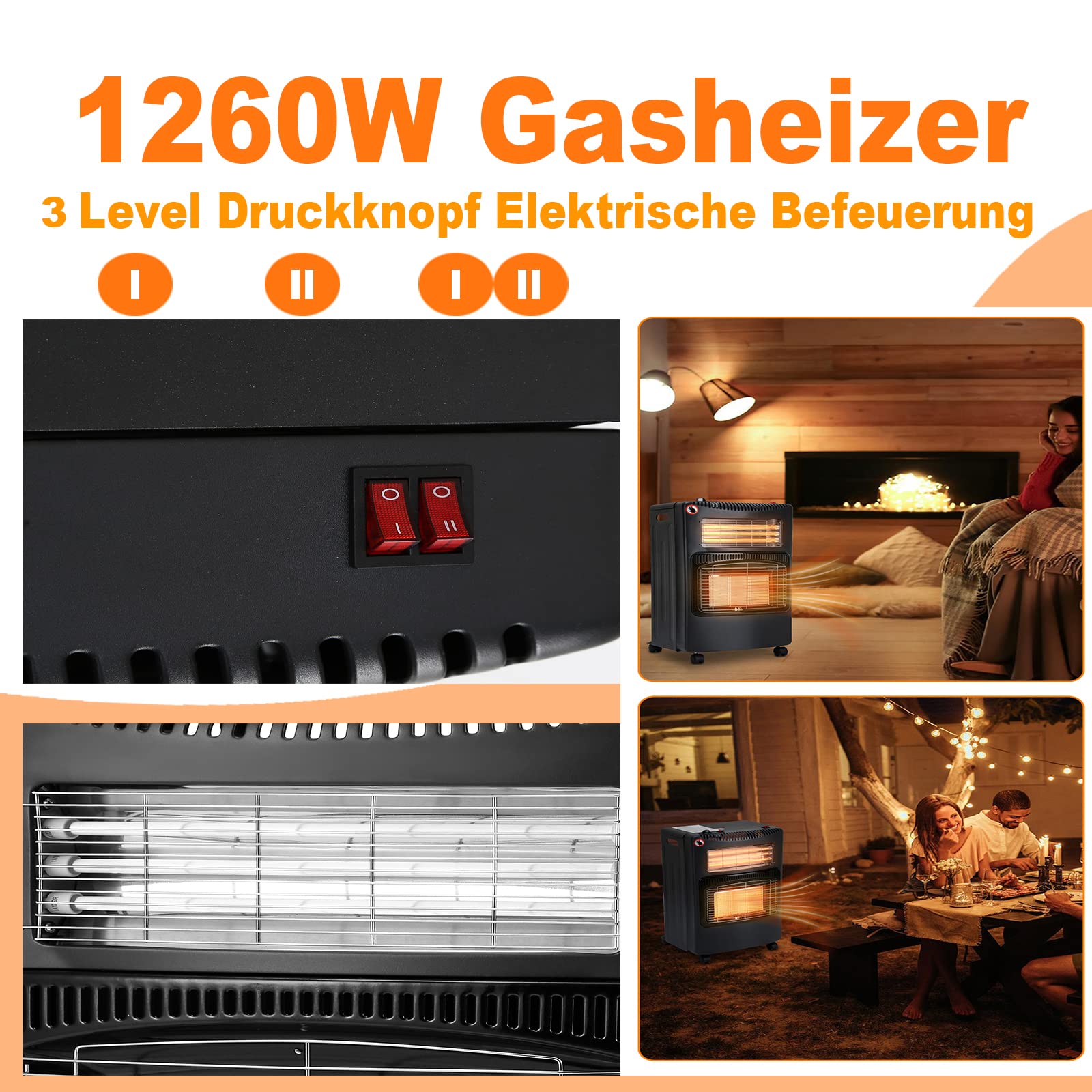 Piec gazowy 4,2 LW, składany, 1260 W, do LPG do 10 kg, zabezpieczenie przed przewróceniem, zapalnik piezoelektryczny, zabezpieczenie przed przegrzaniem, zużycie gazu 305 g/h