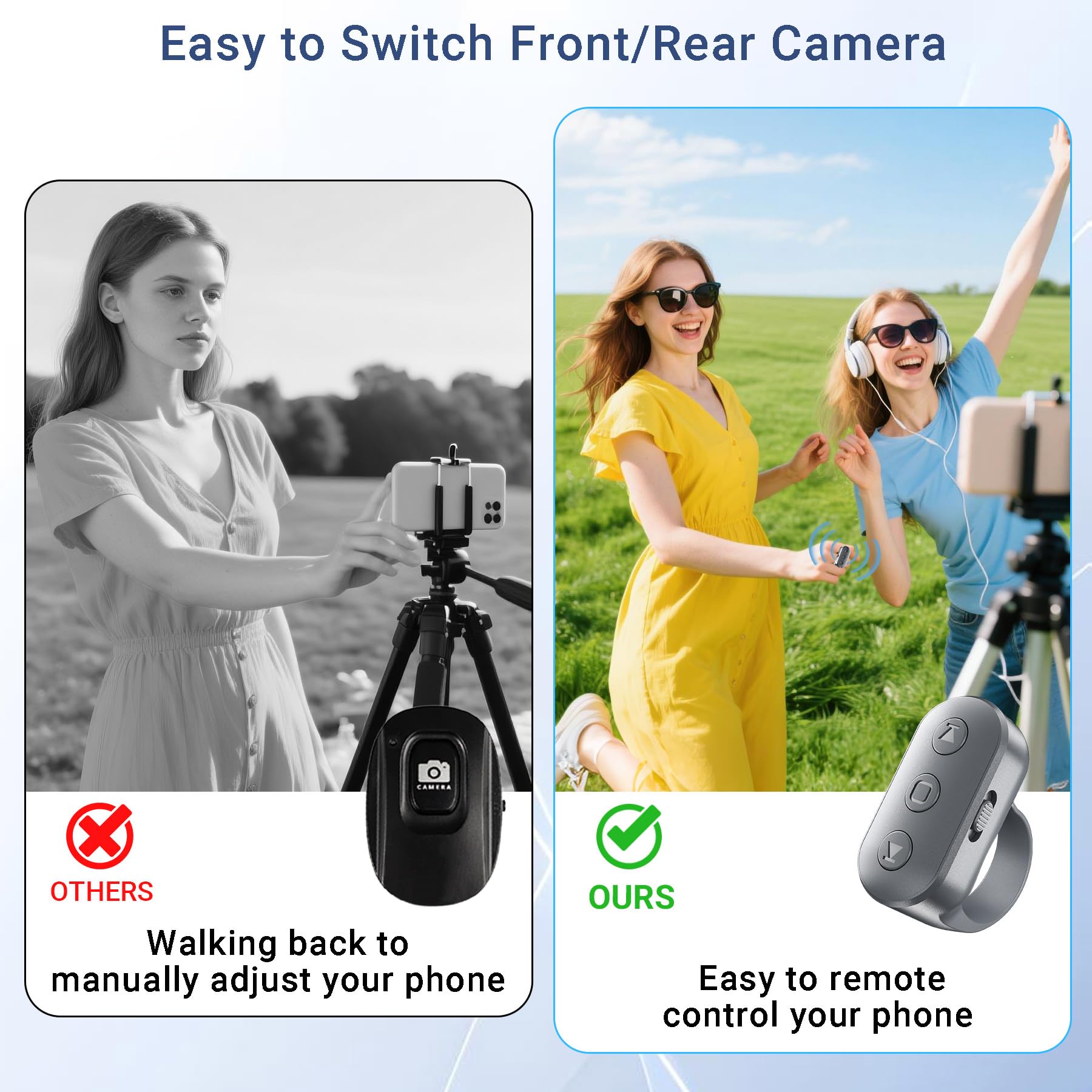 Telefonkamera-Ring-Fernbedienung mit Zoom/Out, wiederaufladbarer Auslöser mit Front-/Rückkameraschalter für iPhone, Android, iPad, Freisprech-Fernbedienung für Foto- und Videoaufnahmen, Content