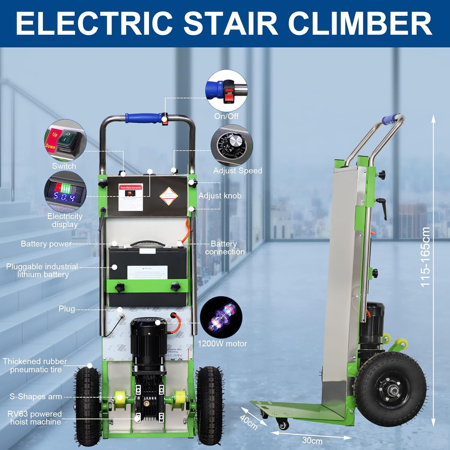 20Ah Electric Stair Climbing Hand Trucks Dolly Cart for Moving, 880lb Max Capacity Heavy Duty Stair Climber Furniture Dolly with Folding Handle & Solid Wheel
