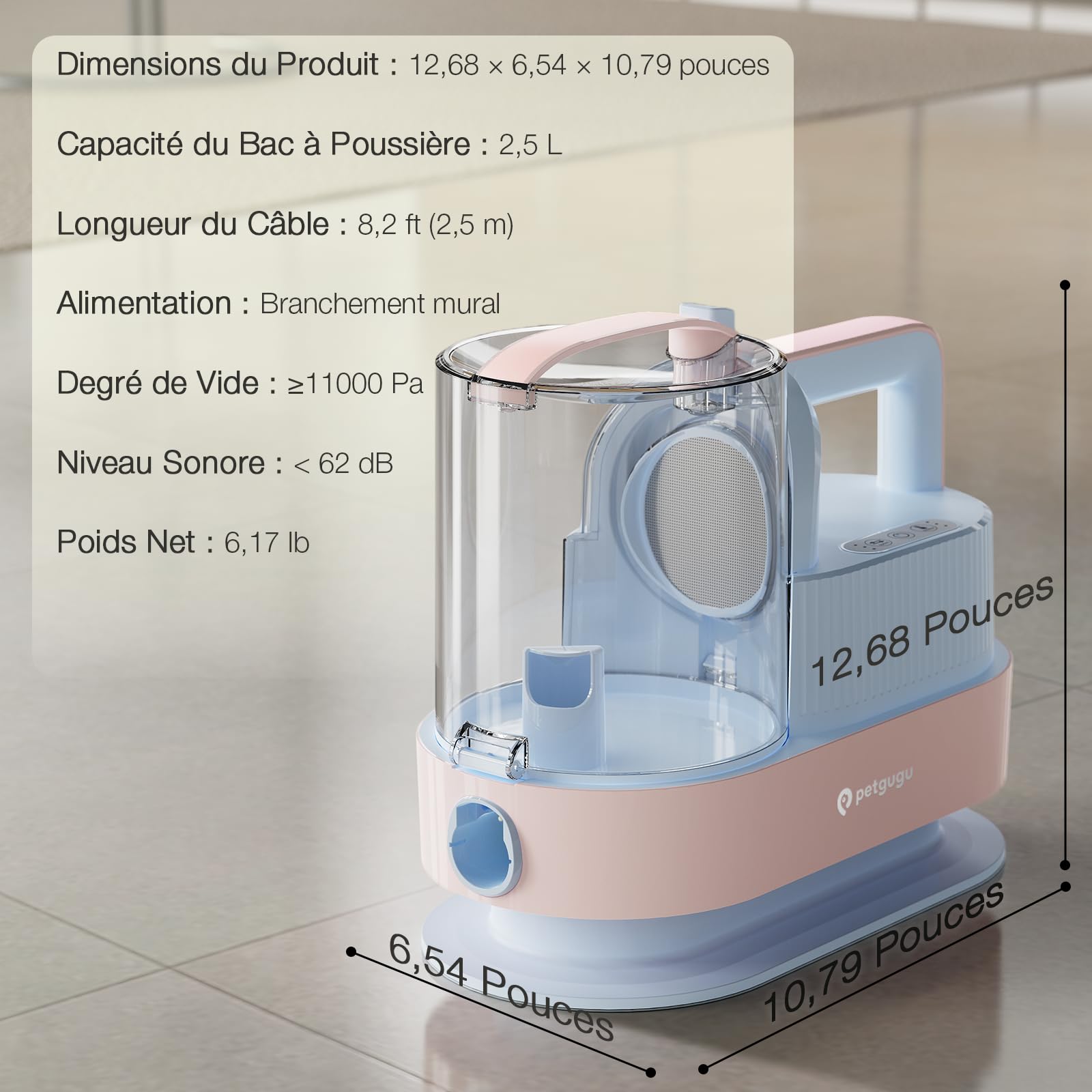 PETGUGU Aspirateur Poil de Chien, 7-en-1 Tondeuse Chien Professionnelle 11000Pa, Kit de Toilettage Silencieux pour Chiens et Chats, Trimmer Animaux avec 2,5L Réservoir, 3 Niveaux d’Aspiration, M1 Pro