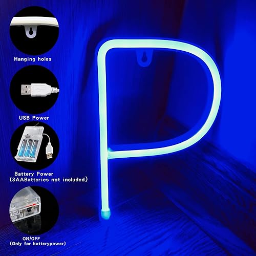Miniatura 2 de Luces de letras LED de neón, gran tienda de campaña azul luces de letras con batería o luces luminosas alimentadas por USB, decoración de pared,
