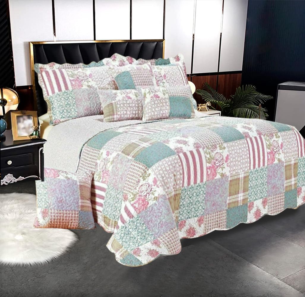 3 PCS Patchwork Bedspread Quilted Bed Throw Single Double King Size Bedding Set (Blossom, Single Bedspread set) — image 1