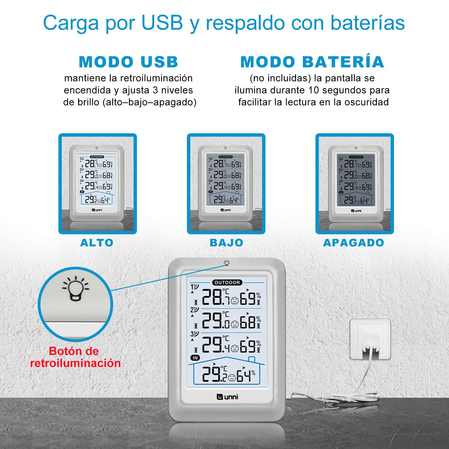 Termómetro inalámbrico para interiores y exteriores con 3 sensores, pantalla de 4.5 pulgadas, alcance de 100 m y retroiluminación Ajustable — view 2