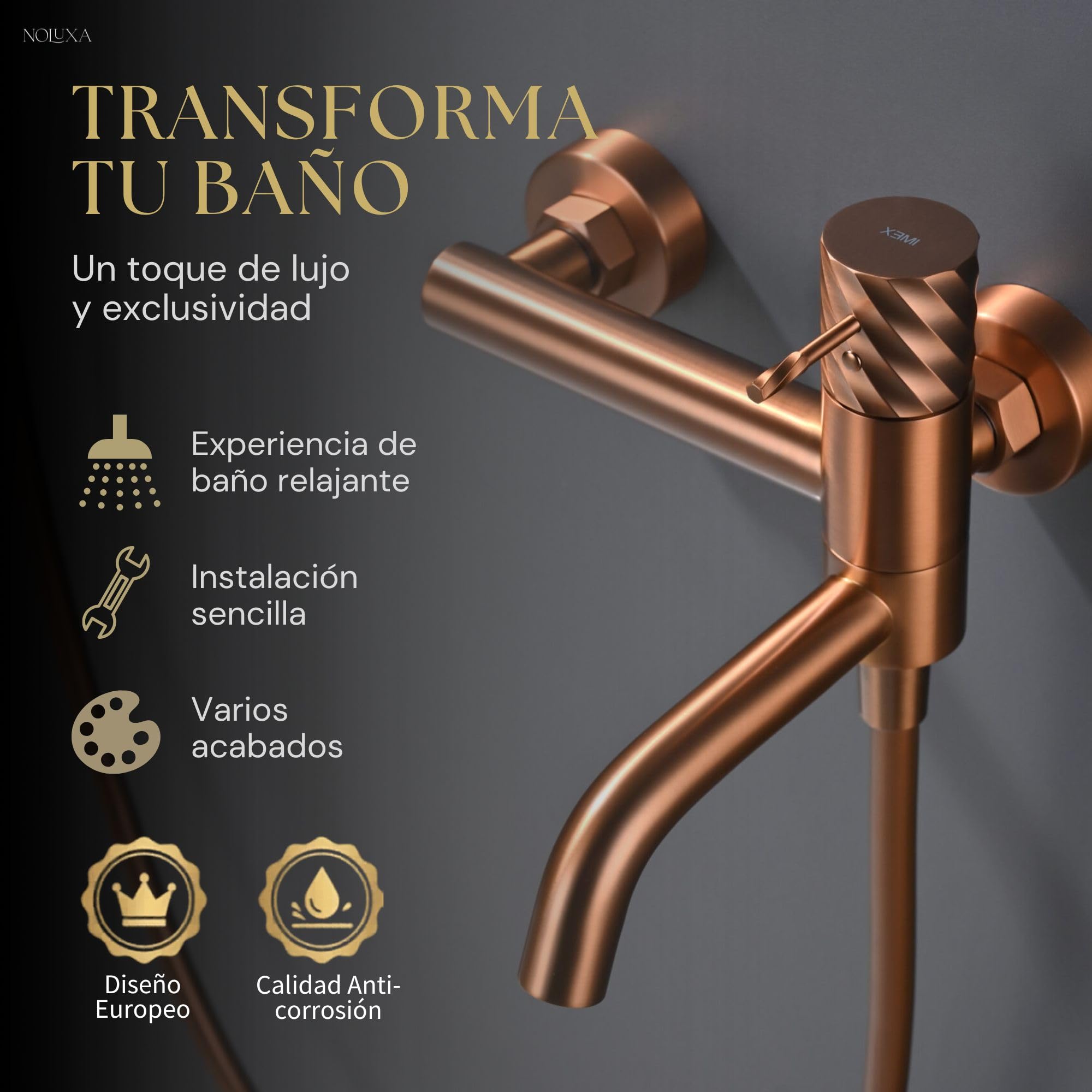 IMEX - Grifo Monomando Bañera y Ducha Oro Rosa | Grifo Mezclador de Pared con Soporte Alcachofa de Ducha y Manguera | Grifería en Latón y Acero Inoxidable S.304 | Serie Bless | Color Cobre
