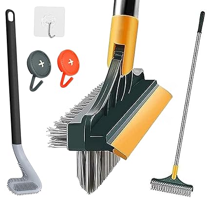 HomeAnand Bathroom Floor Cleaning Brush Wiper with Brush with Long Handle Bathroom Tile Cleaner Brush Multifunction Brush for Bathroom Toilet Brush Bathroom Cleaning Brush 3 in 1 & Holder