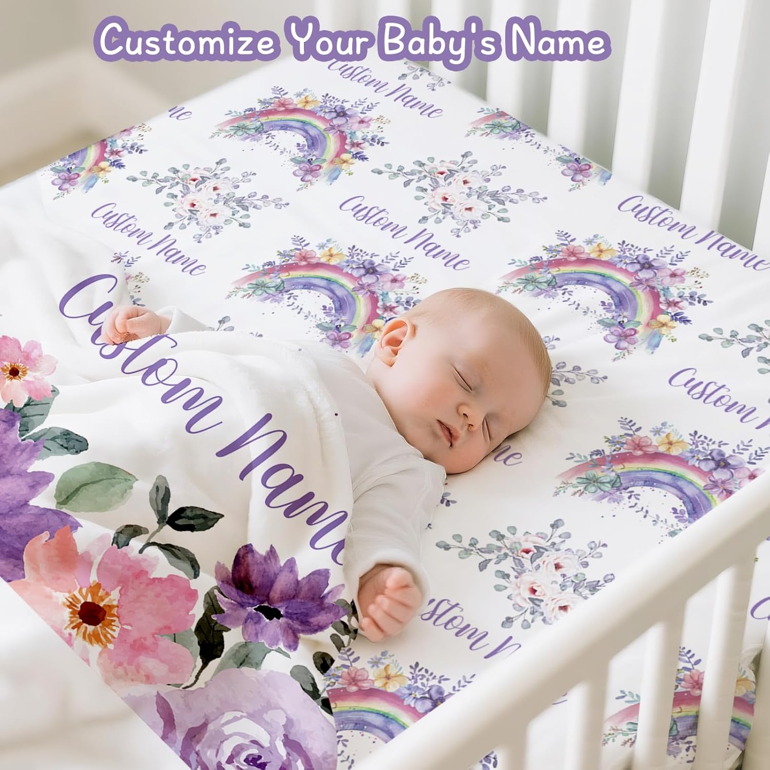 Personalized Baby Crib Bedding Set, 5 Piece Custom Name Baby Crib Bedding with Blanket, Fitted Sheet, Rug, Changing Pad Cover, Wall Art for Infant Toddler Boys Girls, Gift, Rainbow Floral Theme