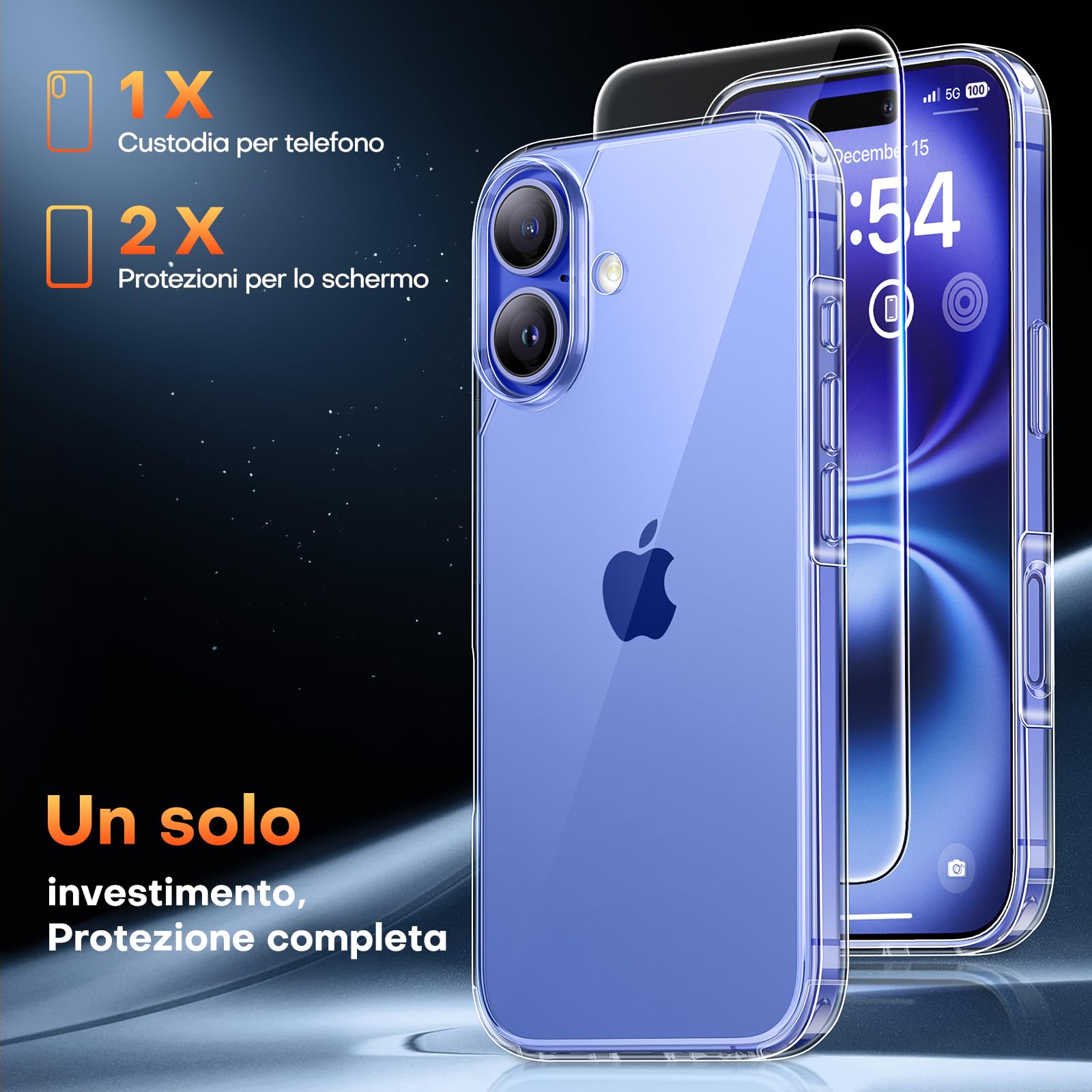 TAURI 3 in 1 Cover per iPhone 16 Plus, 1 Custodia [Anti-Giallo] + 2 Pellicole Vetro Temperato, Sottile Antishock, Anticaduta - Trasparente