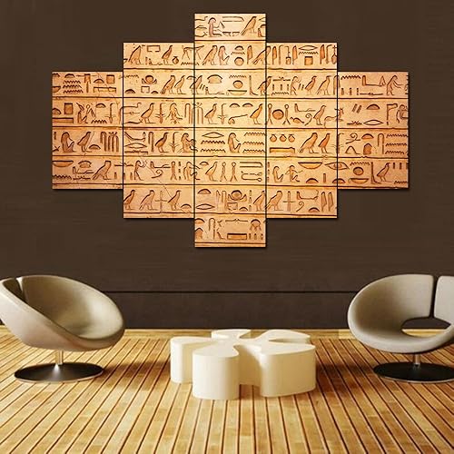 Miniatura 13 de Lienzo egipcio de 5 paneles, arte para pared, símbolos jeroglíficos en la pared, cuadros vintage de Egipto para sala de estar, impresiones HD, obras
