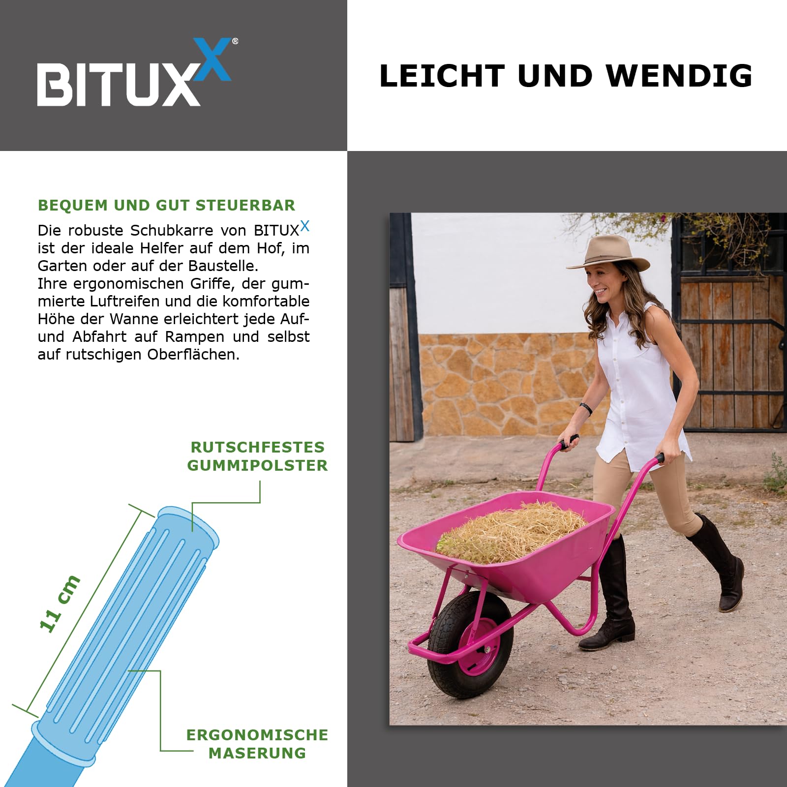 BITUXX® Schubkarre 100L Schubkarren Schiebkarre Bauschubkarre Verzinkt mit Luftreifen und Nadelgelagerter Achse bis 250kg Pink