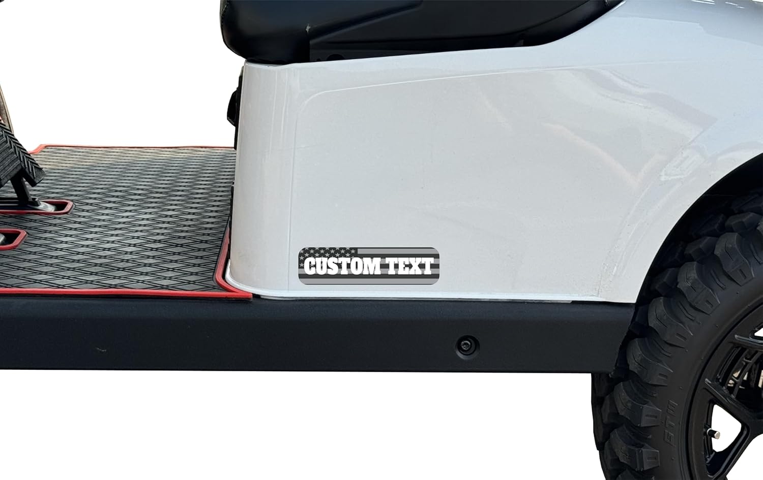 Universal Black and Grey American Flag Golf Cart Side Name Plates. Fits EZ GO, Club Car, and All Other Golf Carts (Black & Grey Flag w/Custom Text)