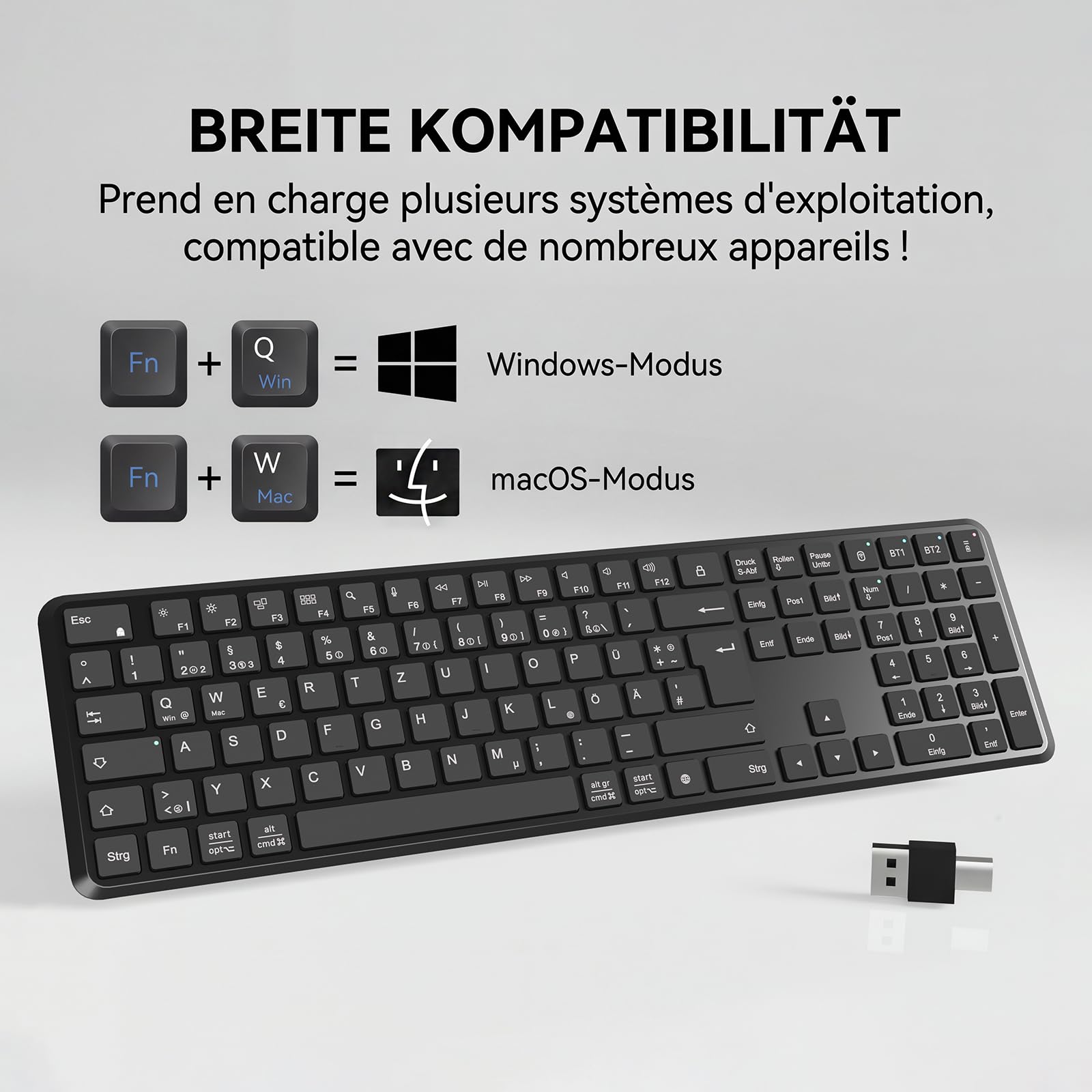 TECURS Kabellose Bluetooth Tastatur (2BT+2.4G), QWERTZ Layout, Schwarz