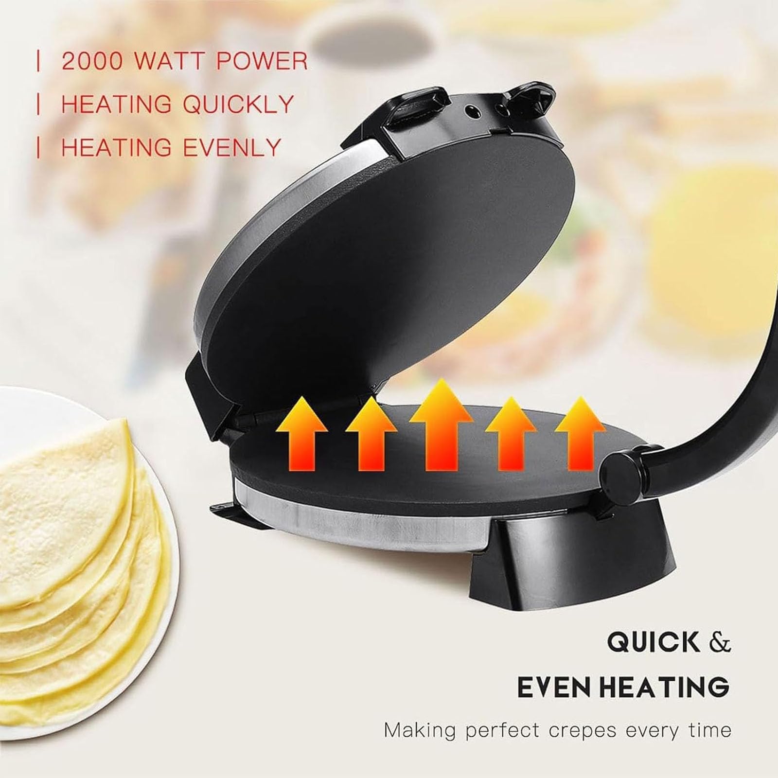 Maker De Roti Elektrische Tortilla-Maschine mit 2100 W, antihaftbeschichtet, 30,5 cm (12 Zoll), mit einstellbarer Temperatur, doppelseitige Erwärmung für Pizza, Pita, Quesadillas und Mor
