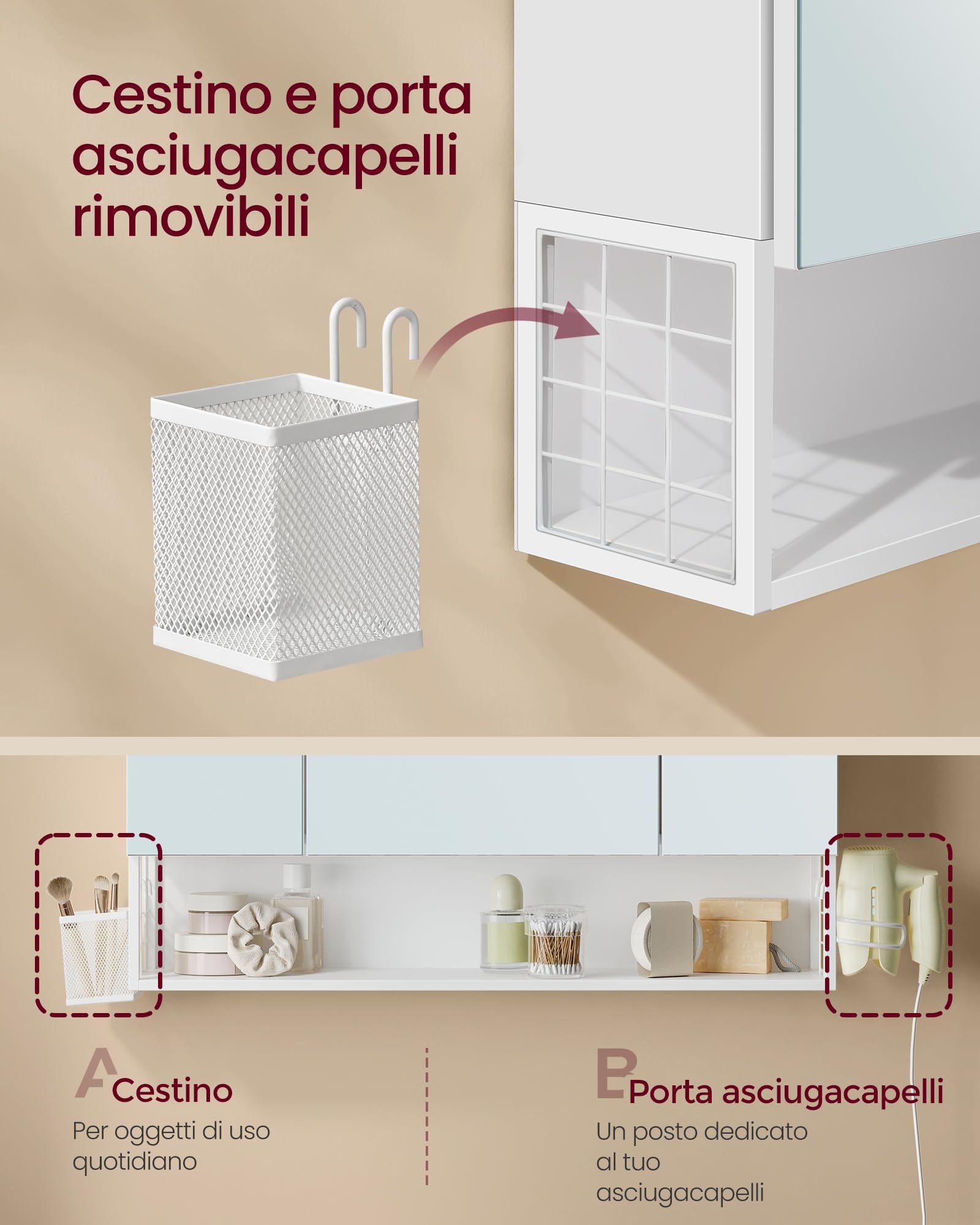 VASAGLE Specchio Bagno Contenitore con Luce, 3 Ante, Mobiletto da Appendere con Presa, 80 x 16,5 x 75 cm, Bianco, Armadietto Bagno Salvaspazio, Collezione DACEY BBK146WB01