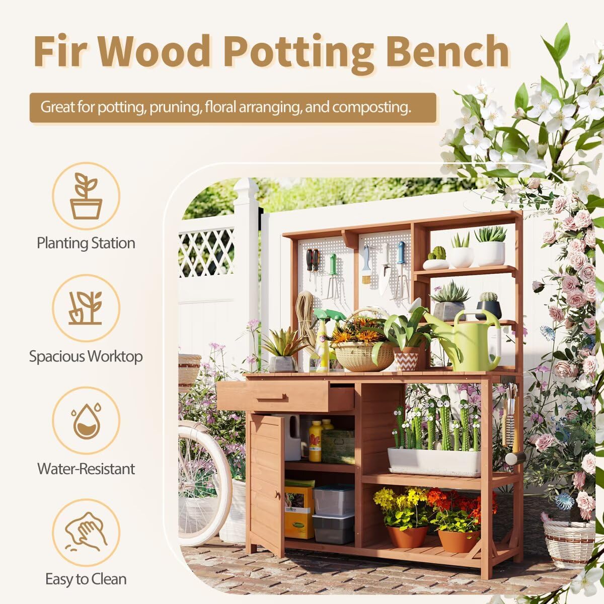 Fir Wood Potting Bench with Hutch, Garden Workstation for Planting, 4 Shelves & Adjustable Storage, Pegboard with Hooks, 50.2''Countertop, Drawer & Cabinet, Brown