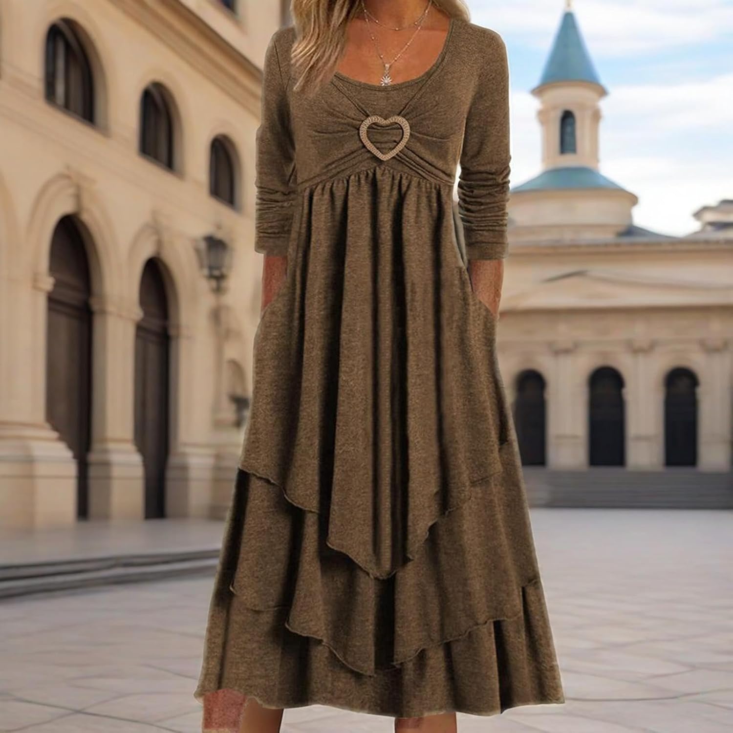 Winter Dresses for Women Wedding Guests Casual Cute Heart Long Sleeve Tiered Maxi Dress with Pockets Plus Size - Image 2