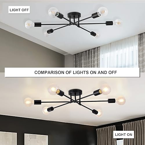 Miniatura 6 de Candelabros Sputnik de 6 luces, lámpara de techo semiempotrada moderna negra con base E26, lámparas industriales vintage de mediados de siglo para