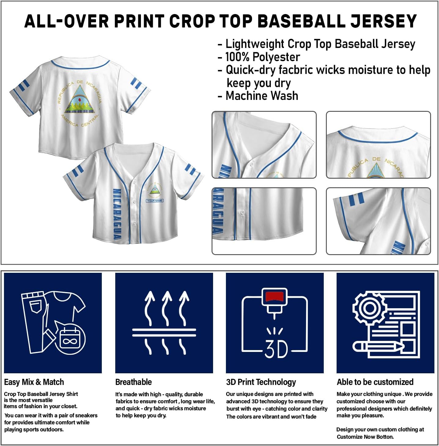 Personalized Nicaragua Baseball Croptop Shirt, Nicaraguan Flag Jersey for Women Jersey Pride