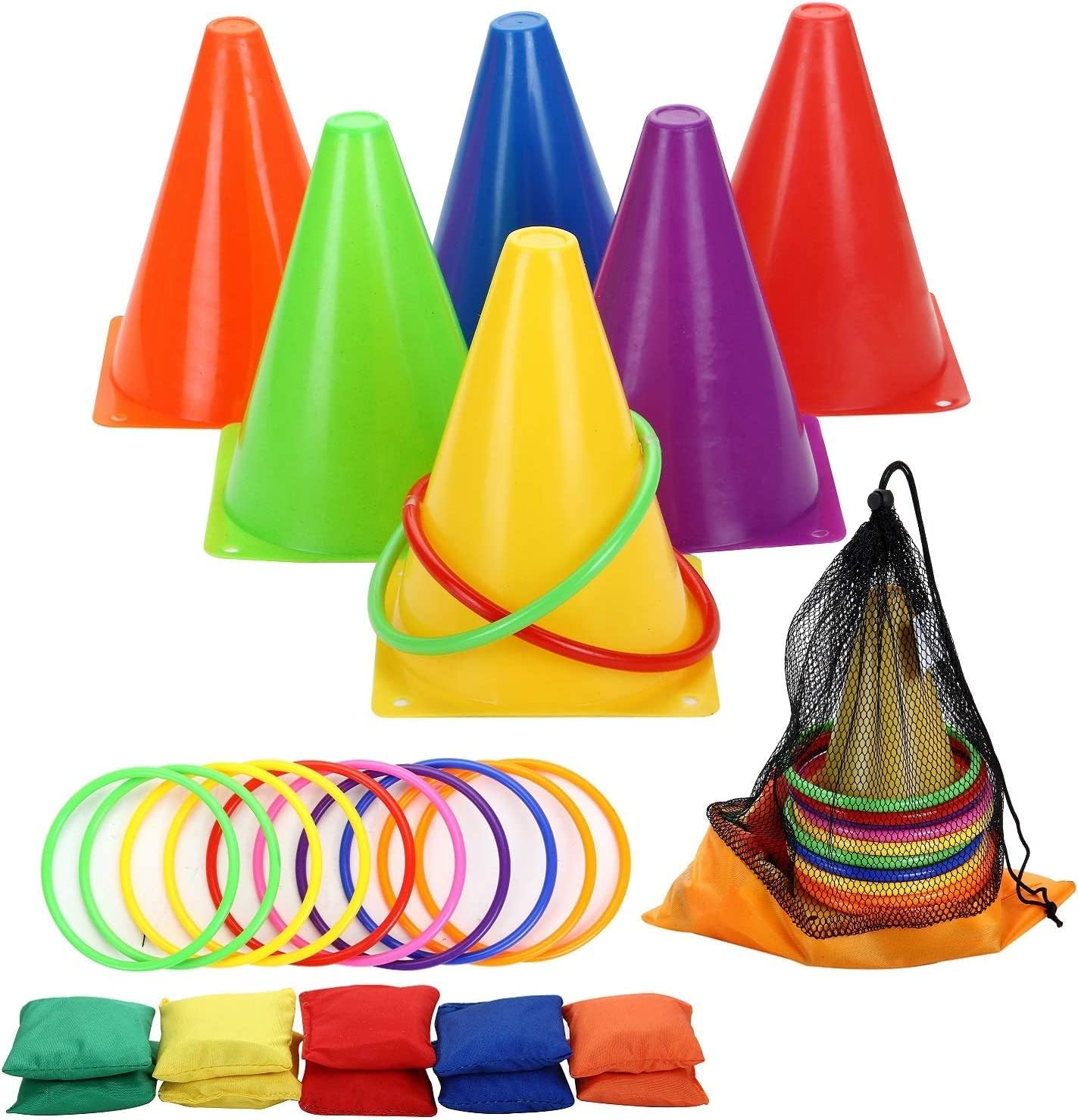 FUSU 3 in 1 Carnival Outdoor,Combo Games Set,Soft Plastic Cones,Cornhole Bean Bags,Ring Toss Game,Kids Birthday Party Outdoor Games Supplies 26 Piece Set