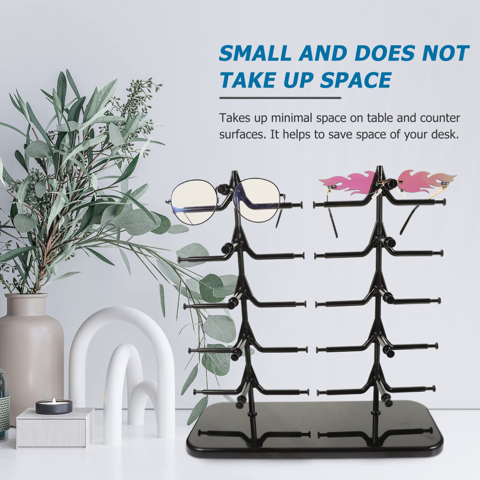 Luxshiny Espositore per Occhiali da Sole a 2 File da 10 Paia, Nero | Abs, Struttura Smontabile Base Stabile, Organizer Compatto per Vacanze Estive, Display da Banco