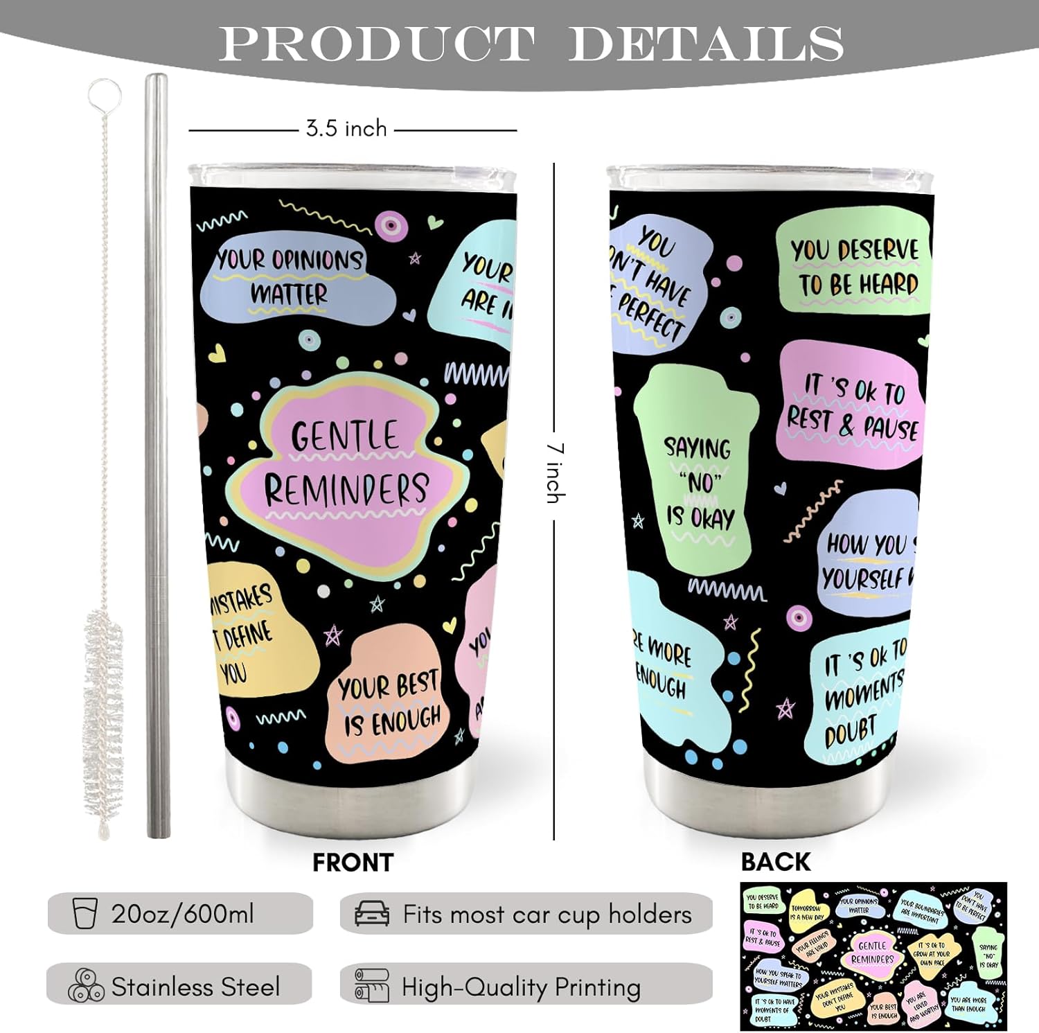 Mental Health 20oz Travel Coffee Mug Tumbler, Mental Health Positive Inspirational Gifts for Women, Daily Reminders Positive Affirmation Water Stainless Steel Tumbler with Lid and Straw - Image 7