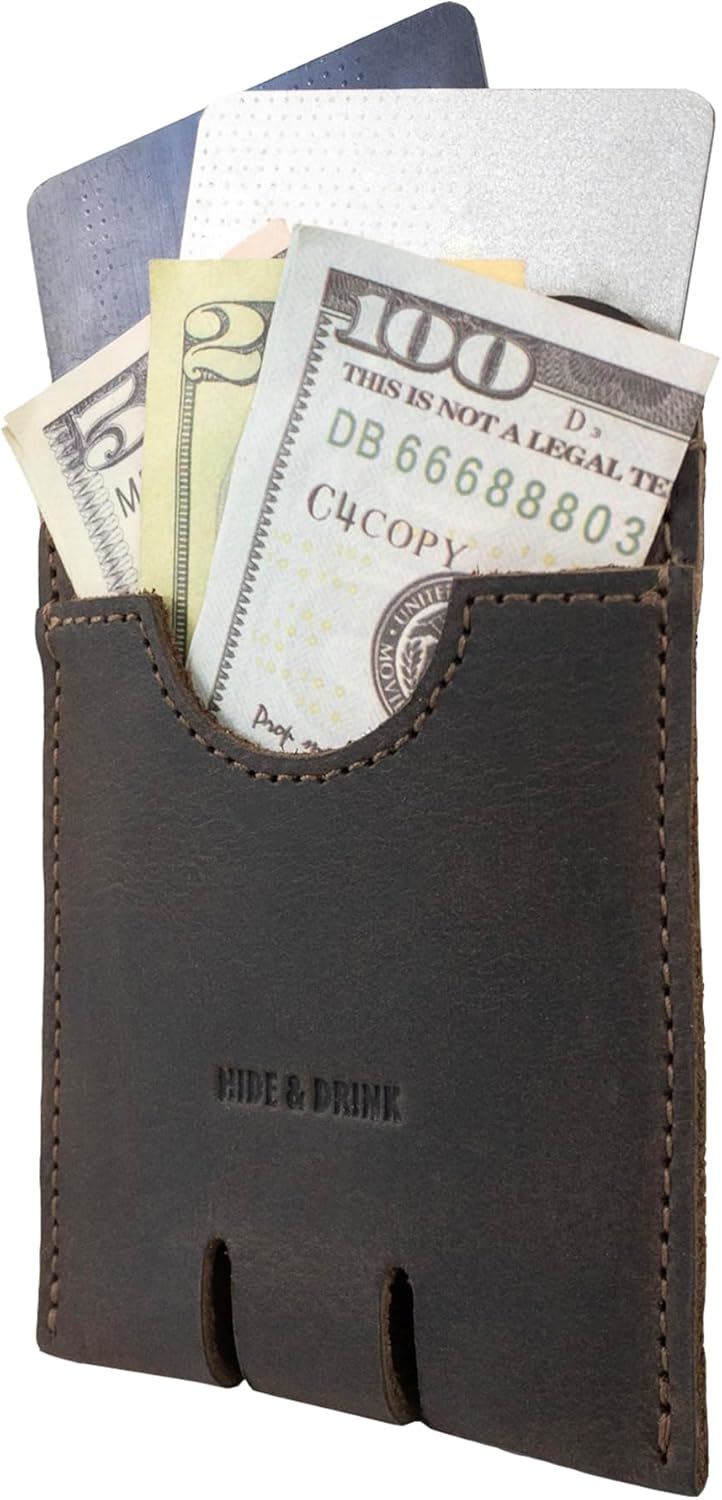 Hide & Drink, Business Push Card Holder, Minimalist Cash Organizer Handmade from Full Grain Leather - Bourbon Brown