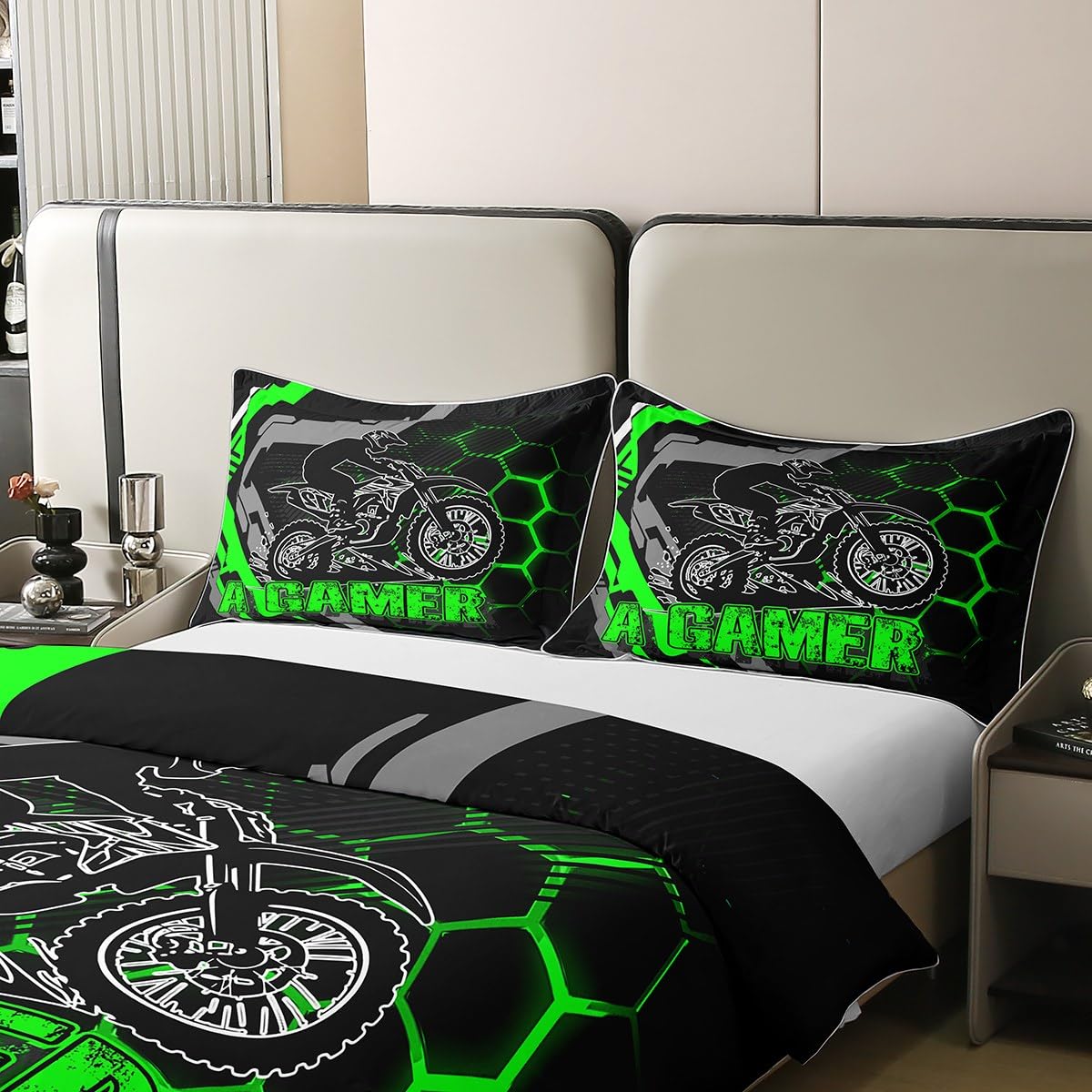 Set di biancheria da letto per ragazzi e ragazzi, 100% cotone naturale, con linee verdi e grigie, neon a nido d'ape, per bambini, ragazzi, adolescenti, adulti, con moto da cross, sport estremi, con 2