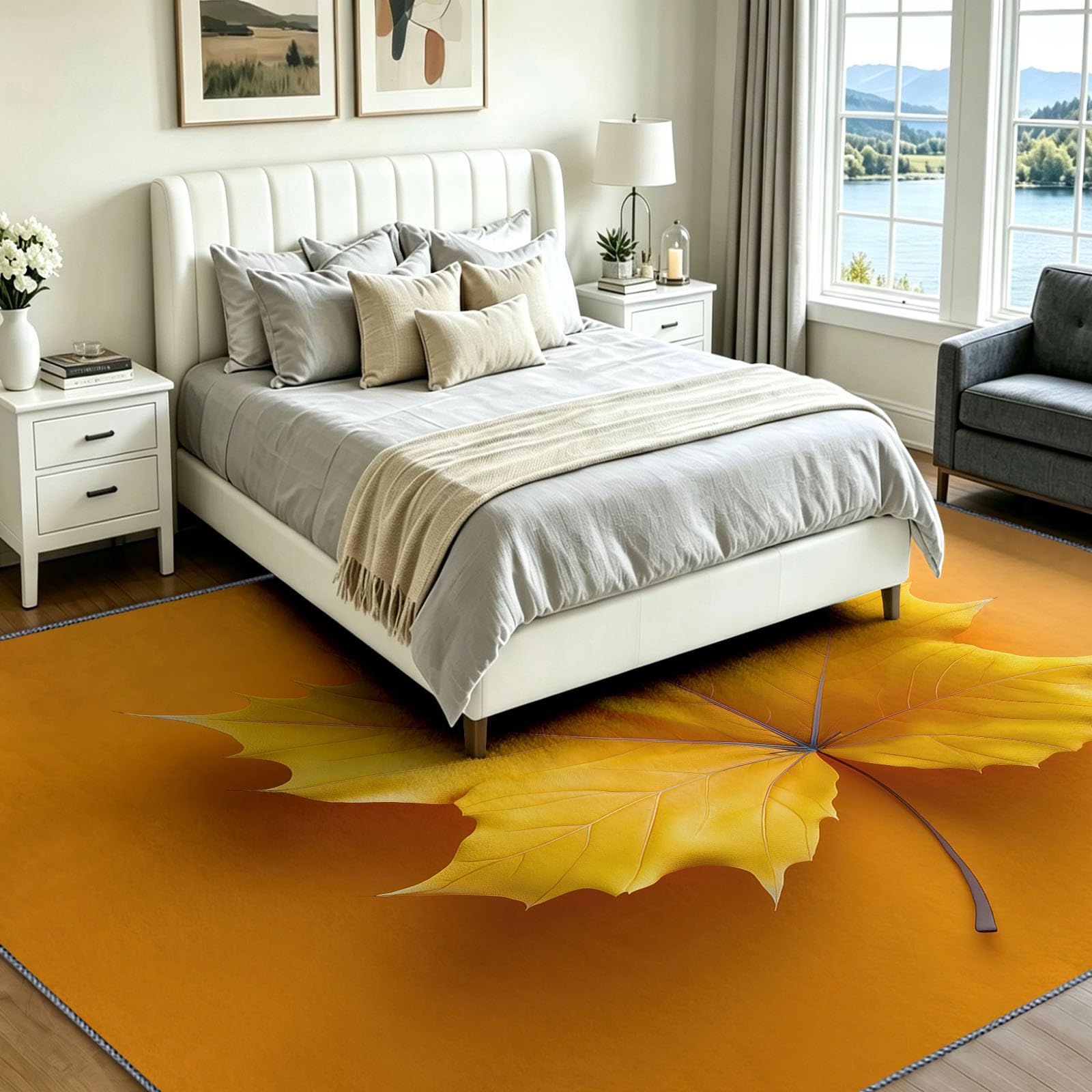Nowoczesny minimalizm dywan do salonu, 80 x 150 cm, botaniczne liście klonu, można prać w pralce, dywan z krótkim włosiem, trwały, flanelowy, miękki, antypoślizgowy, do sypialni, jadalni, domowego
