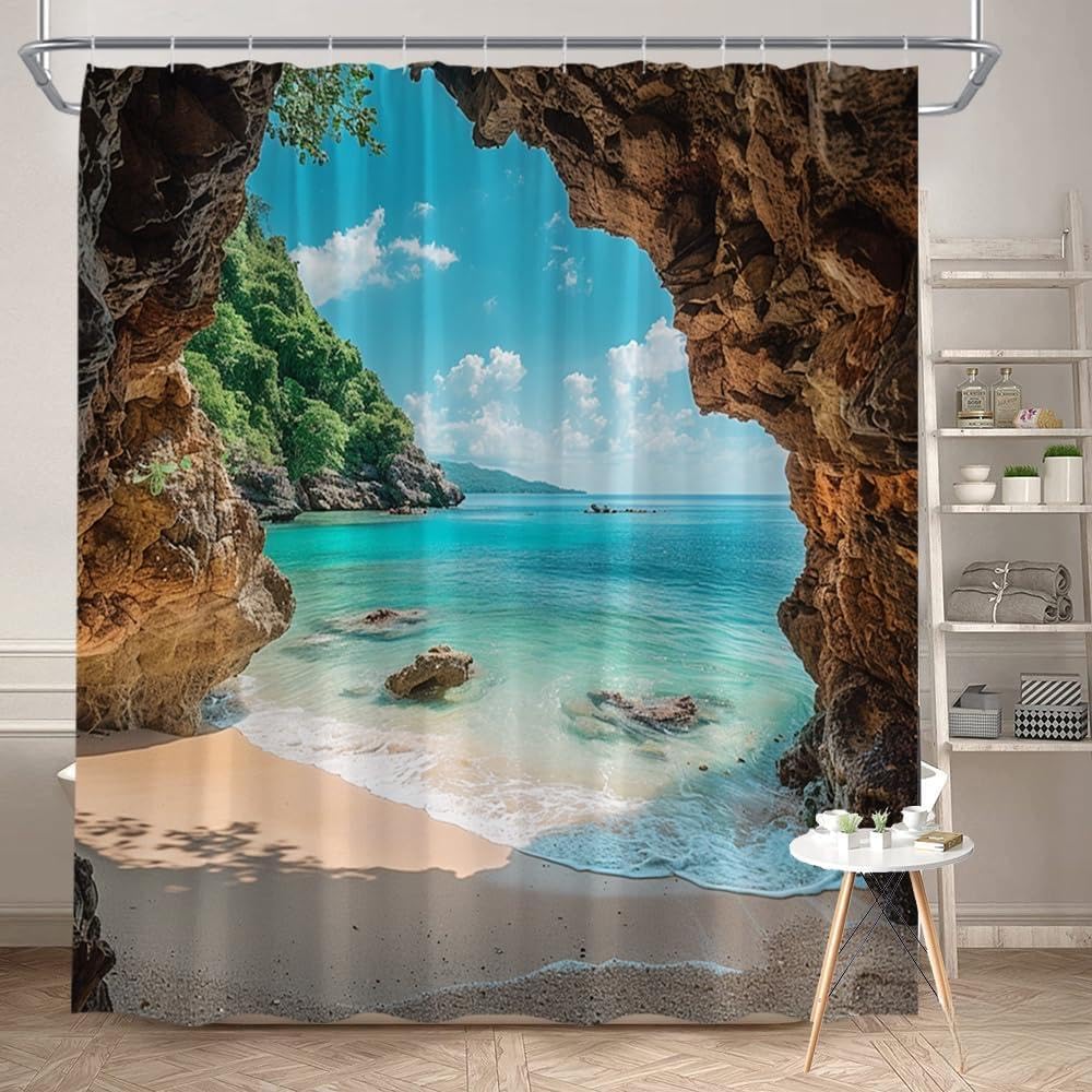 Glwdmb X-13 1 Piece 180X180cm Tropical Island Rocky Caves And Sandy Shores Printed Shower Curtain With Hook, Polyester, For Windows And Walls, Bathtub, Bathroom, Machine Washable, All Season Universal