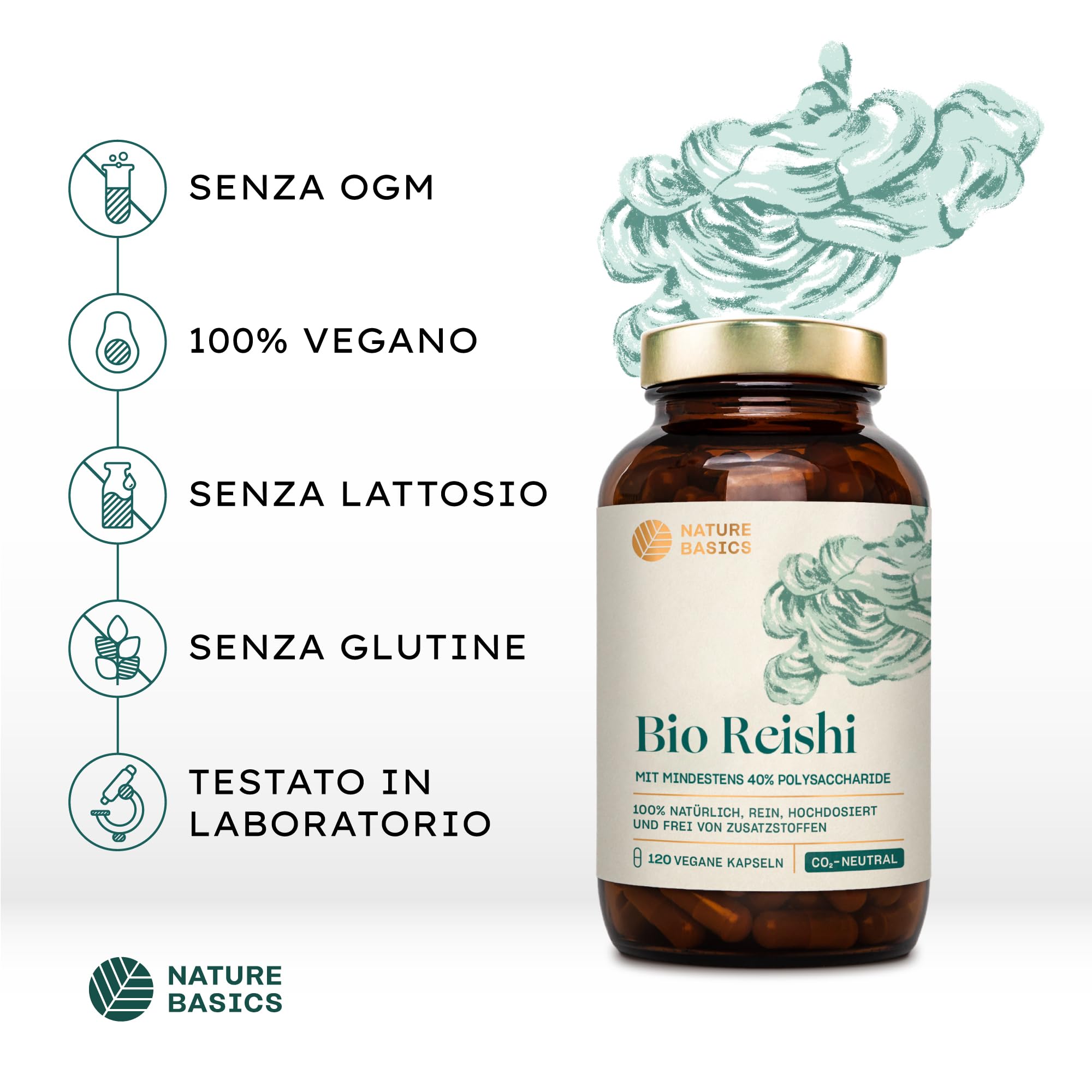 Reishi biologico - 120 capsule ad alto dosaggio / 1500 mg di estratto di Reishi biologico di alta qualità con 600 mg di polisaccaridi per dose giornaliera/Vegano e certificato