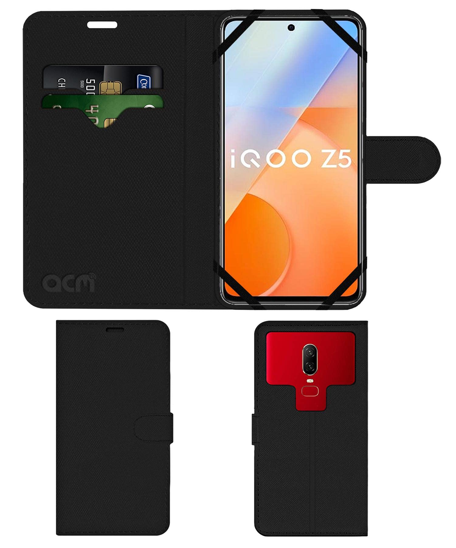 Acm Strap Leather Flip Case Compatible with Iqoo Z5 5g Mobile Front & Back Cover Black