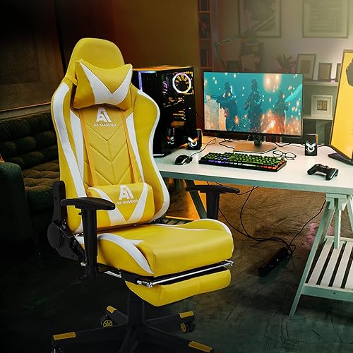 Miniatura 6 de AA Products - Silla ergonómica de carreras con respaldo alto y reposapiés, soporte lumbar y giratorio, color amarillo y blanco