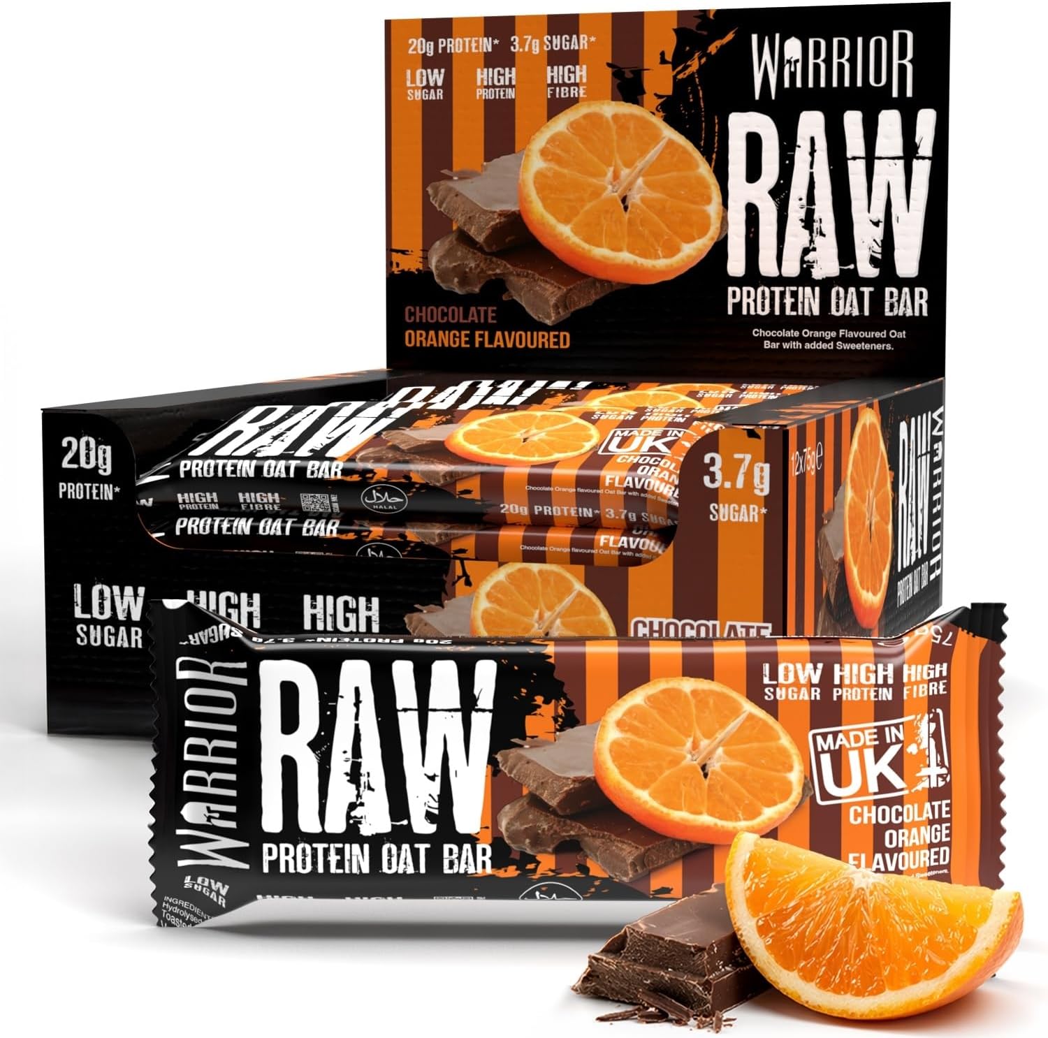 Warrior RAW Protein Bars 12 x 75g – 20g High Protein Bar, Low Sugar High Fibre Oat Protein Flapjack – Protein Snacks, Meal Replacement Bars (Chocolate Orange)