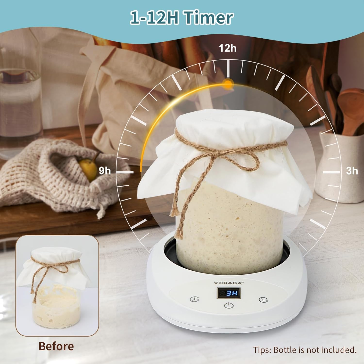 Diagram showing the dimensions of the VOBAGA Sourdough Starter Warmer: 17.5cm/6.9inch height, 11cm/4.3inch top diameter, 13cm/5.1inch base diameter, and a 141cm/56inch power cord.
