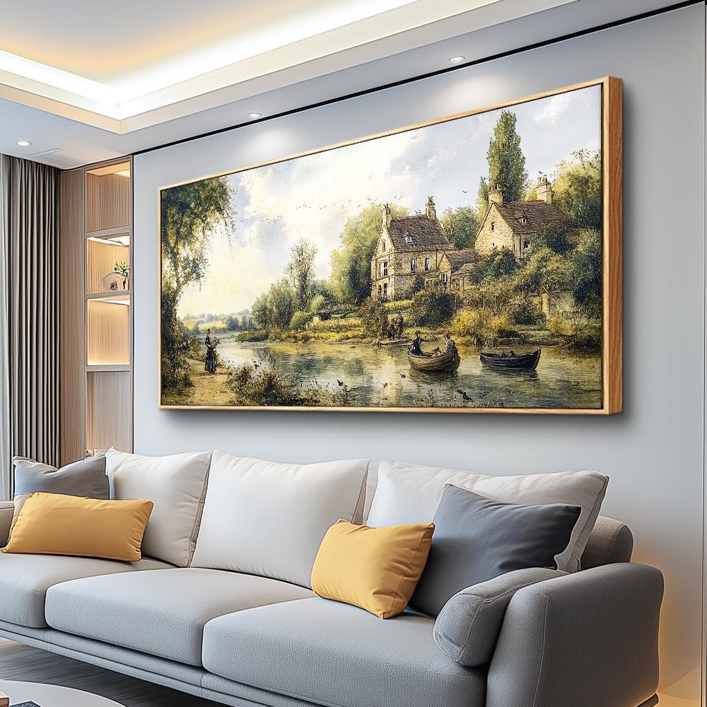 ERQINHUA Large Canvas Wood Framed Abstract Wall Art Living Room Wall Decor for Bedroom Office Decoration Watercolour Paint Tree Lakeside Landscapes Picture Artwork Home Decor Ready to Hang 30x60 In