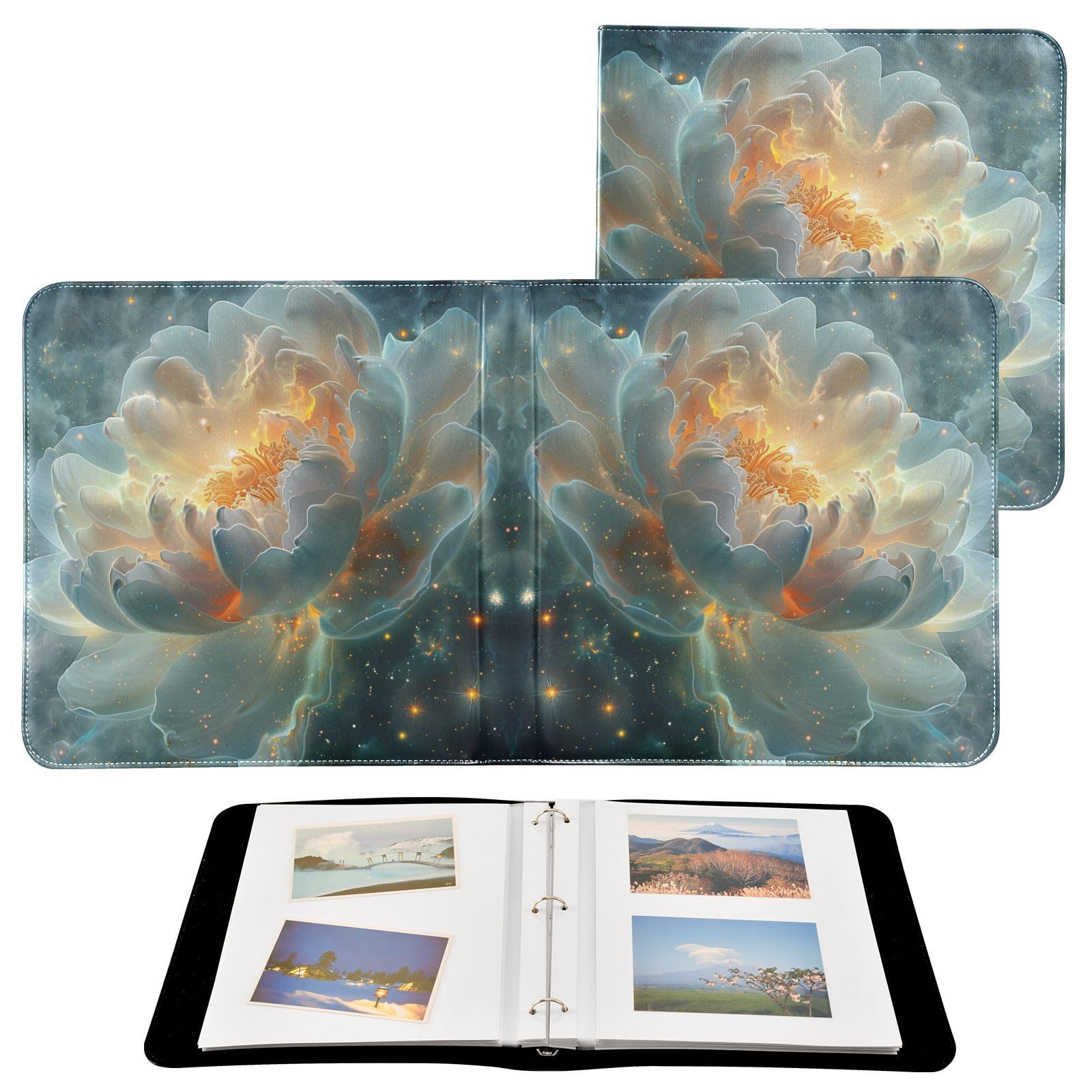 JIPONI A Beautiful Lotus Large Photo Album, DIY Leather Cover Scrapbook Albums for 4x6 5x7 6x8 Pictures, Self Adhesive Memory Book for Wedding, Baby, Family