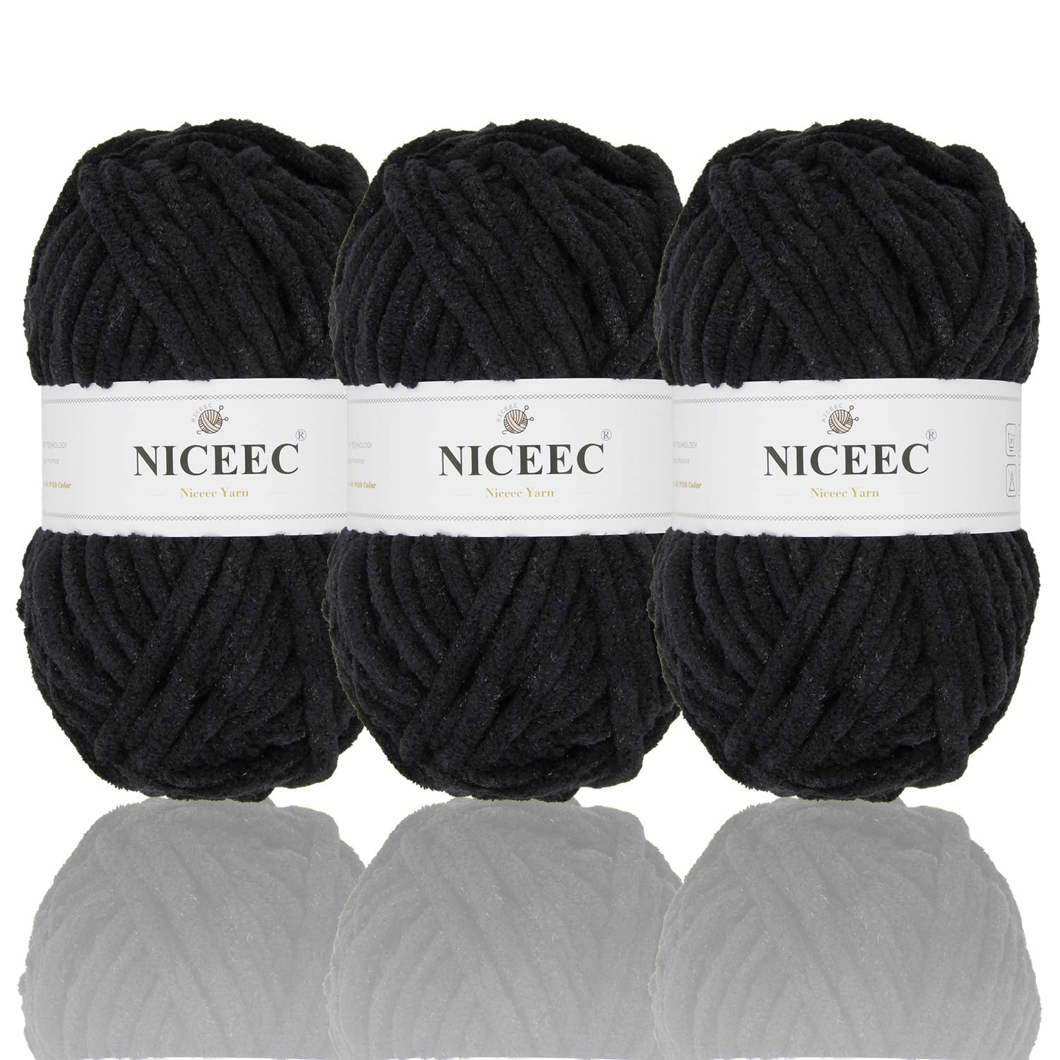 NICEEC3 Skeins Sparkling Chenille Yarn Soft Yarn for Crochet Knitting Blanket Yarn DIY Craft Yarn for Blanket-Total Length 3×50m(3×55yds,100g×3) -Black
