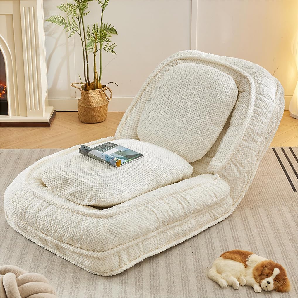 Foldable Lazy Sofa Bed,Floor Sofa with 5-Position Adjustable Backrest,Upholstered Human Dog Bed Indoor,Chaise Lounge Chair Suitable for Living Room, Study, Bedroom[White]