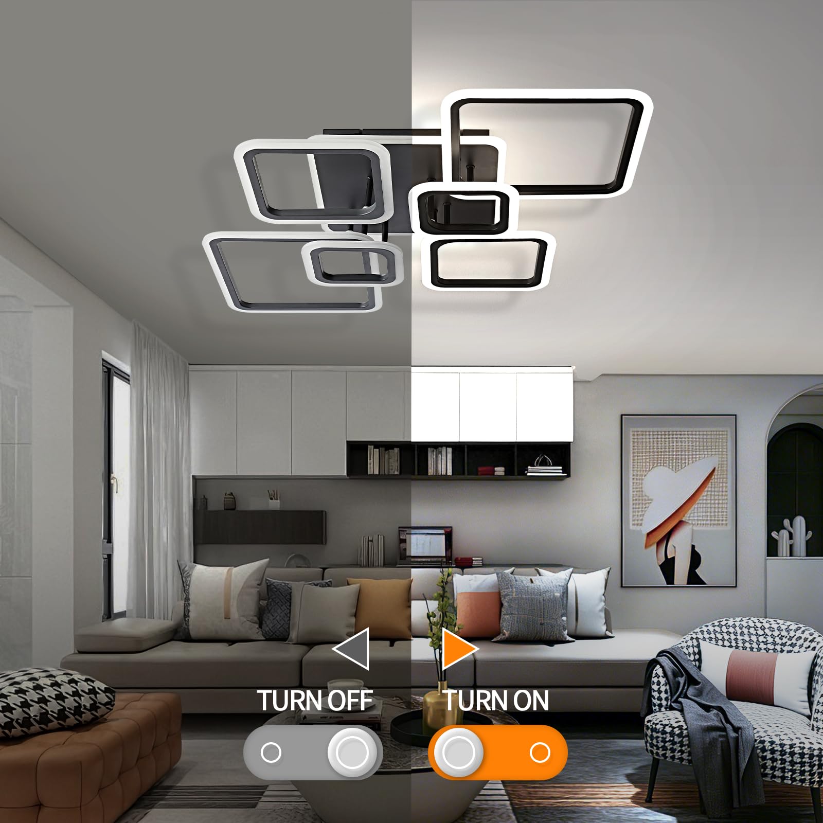 OKELI Moderne LED led Deckenleuchte, 48W Schwarze Deckenlampe mit 7 quadratischem Acryl-Design, Große Kronleuchter Deckenleuchten für Wohnzimmer, Schlafzimmer und Küche, 6000K