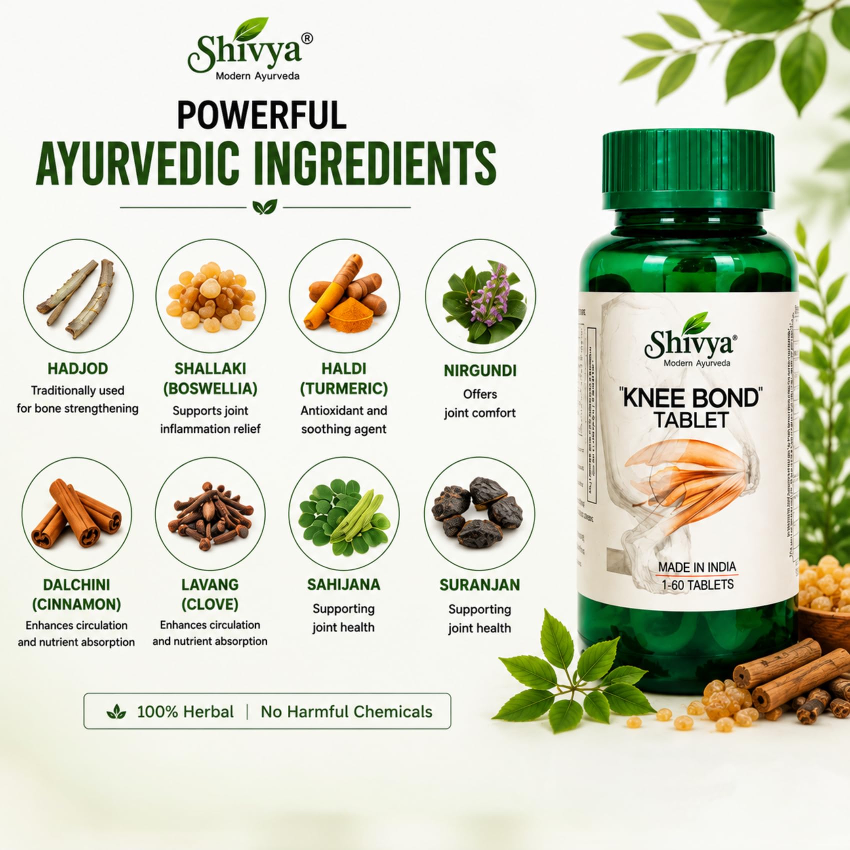A SHIVYA Product- Ayurvedic Knee Bond, Relieves Joint Pain & Stiffness, Reduce Muscle Pain, Support Mobility & Cartilage Health, 60 tablets 3