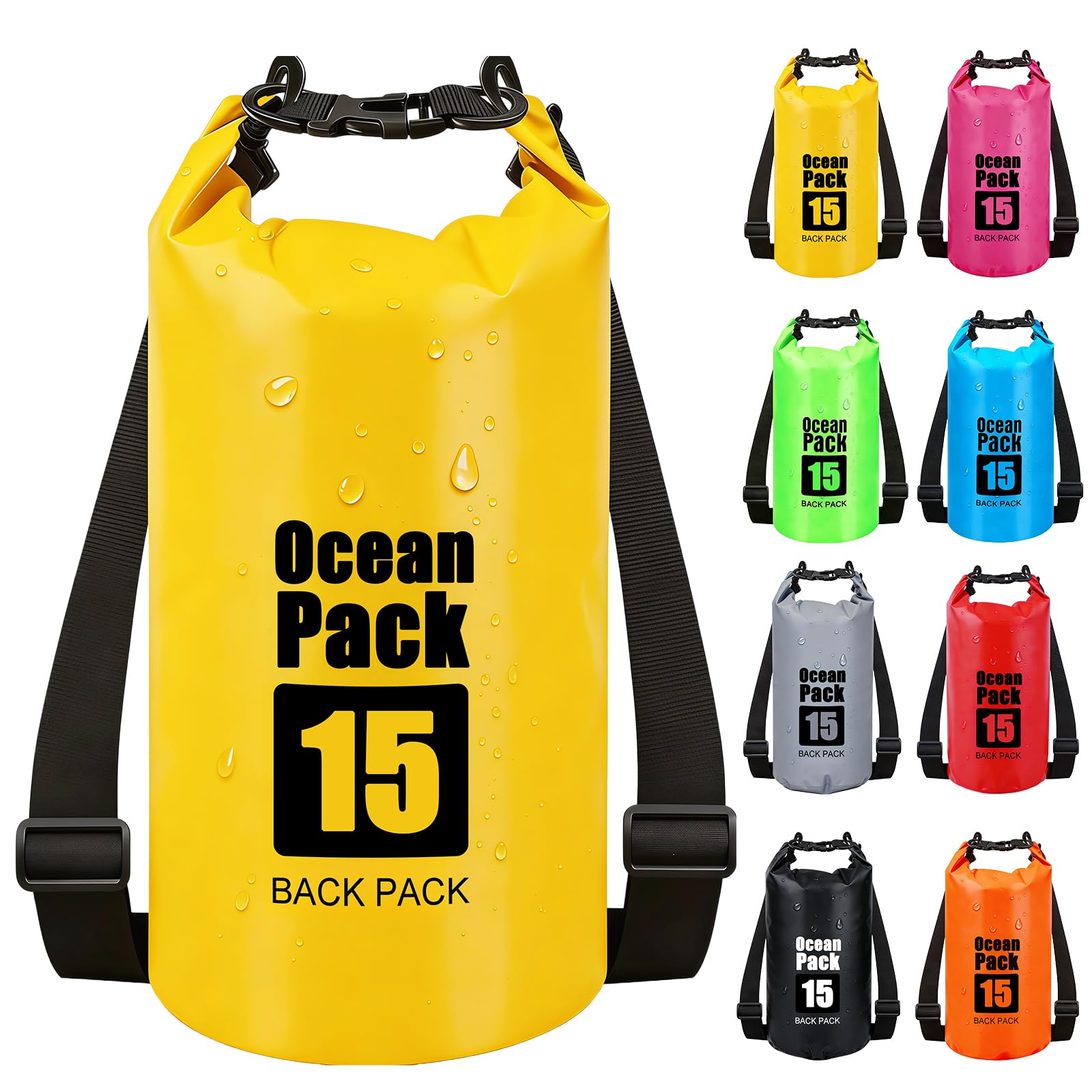 RONGZUBAT 15L Large Waterproof Dry Bag with Shoulder Strap, Roll Top Dry Sack for Outdoor Gear, Waterproof Bag for Kayaking, Boating, Paddle Boarding, Camping, Beach, Fishing and Travel - Yellow