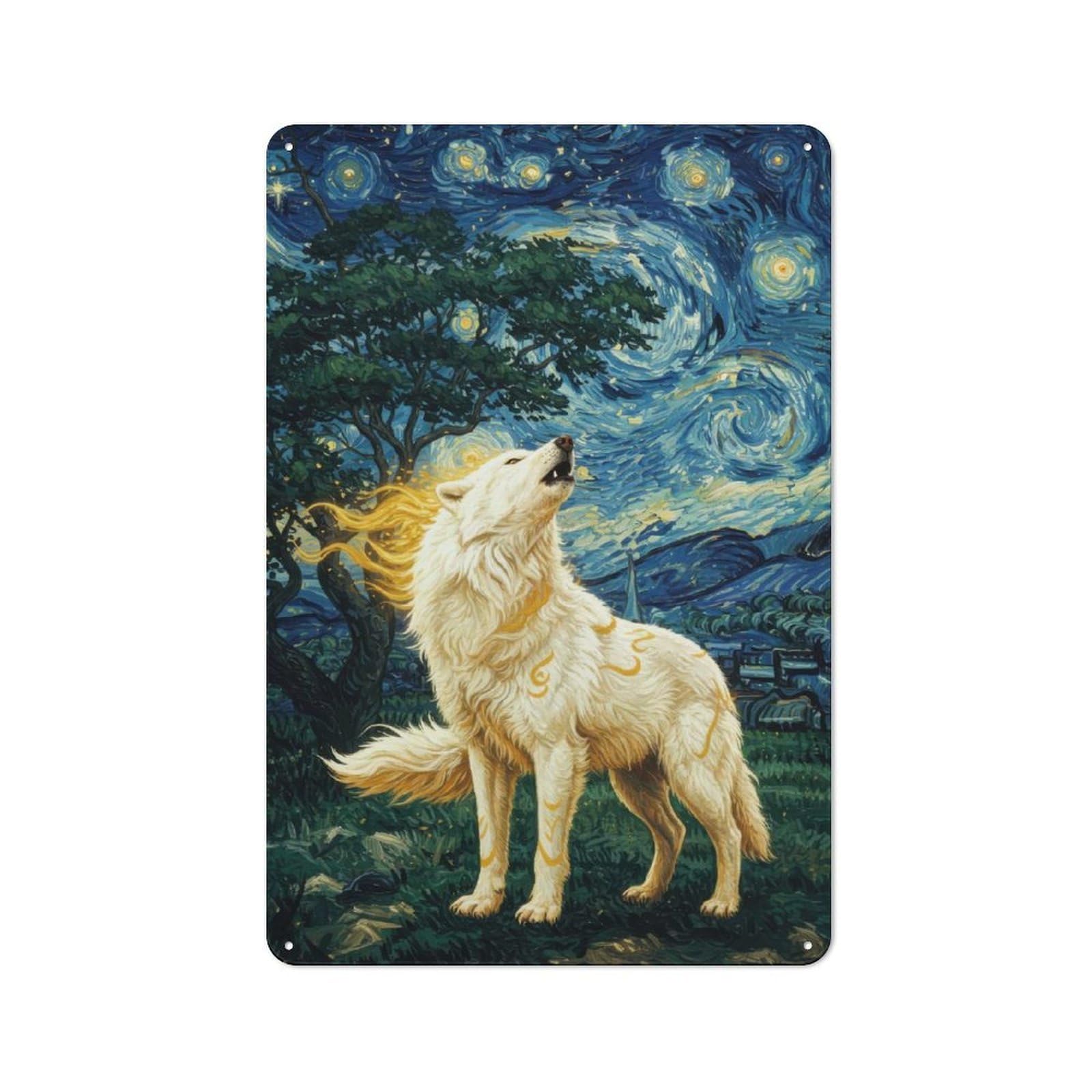 Junmoney Okami Howling At Starry Night Retro Tin Sign 30X20cm For Lounge Or Reading Corner, Gift For Lounge Decor Fans During The Christmas Season