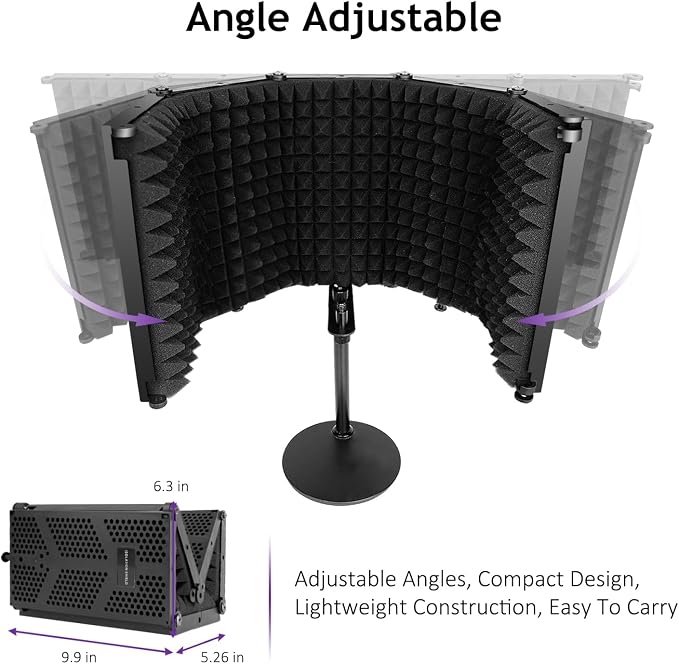 Microphone Isolation Shield, 5 Panels Sound Proof Mic Shield con soporte para micrófono, espuma absorbente de alta densidad para aislamiento de micrófono para estudio de grabación y cabina vocal miniatura 4