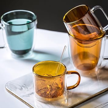 280ML Colored Double Walled Glass Coffee Mugs, Glass Water Cup Milk Cup Tea Mug Insulated Coffee Mug with Handle for Hot&Cold Drink (Amber)