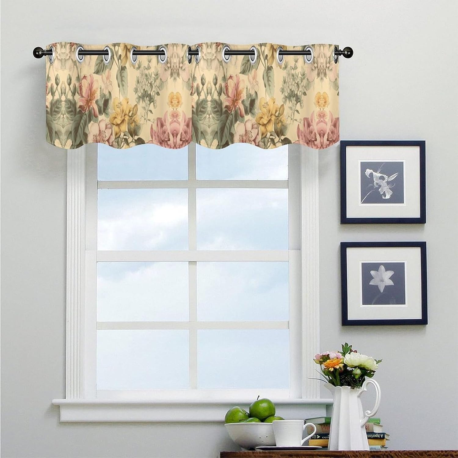 Blooming Flowers Valance for Windows, 2 Pack Kitchen Curtains Modern Home Decor, Soft Blackout Window Curtains for Living Room & Bedroom, 18 X 52 Inch