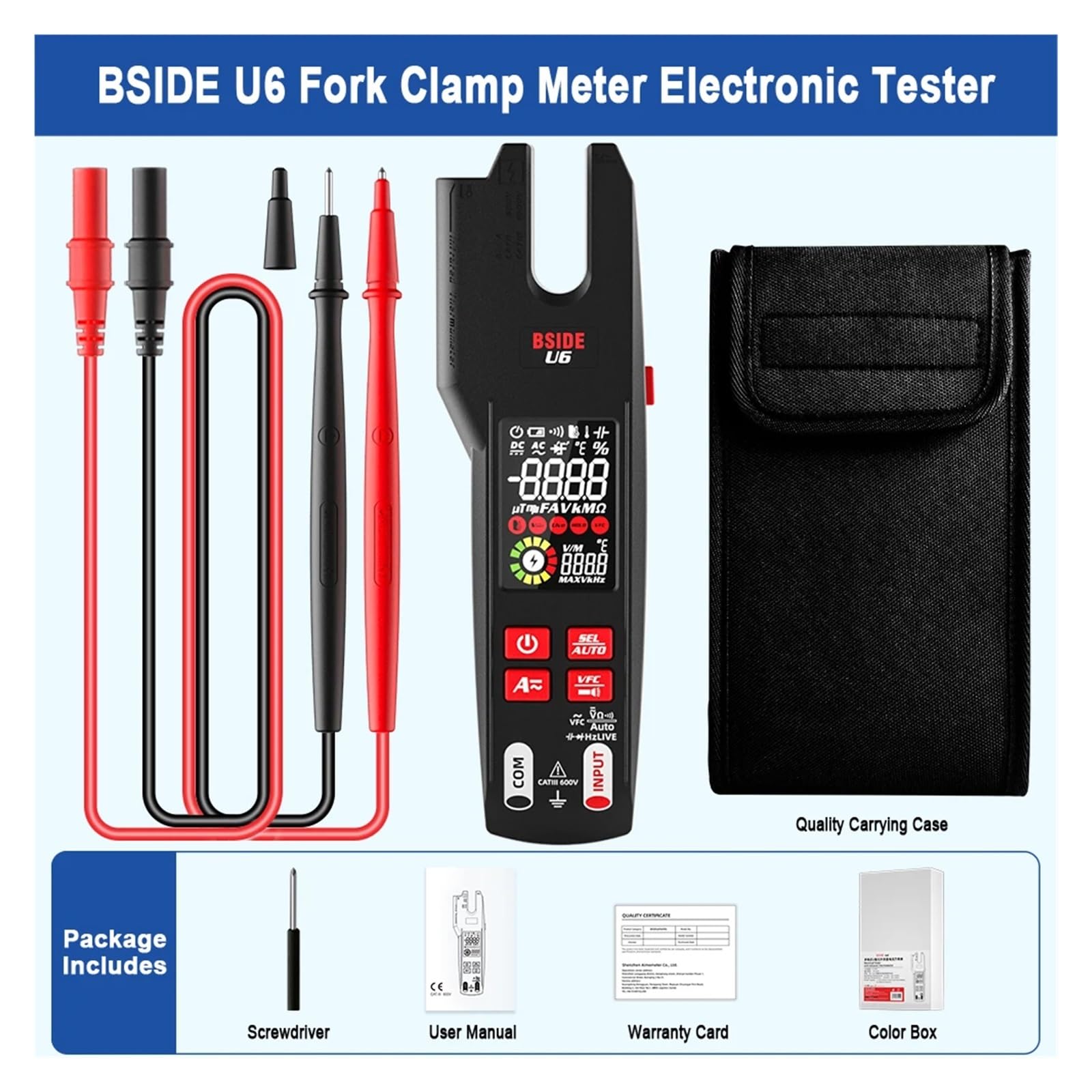 600A Pinza amperometrica digitale True RMS AC DC rilevamento NCV | Misura corrente AC DC e valori elettrici senza scollegare i circuiti per manutenzione e diagnosi(U6 Fork Clamp Meter)