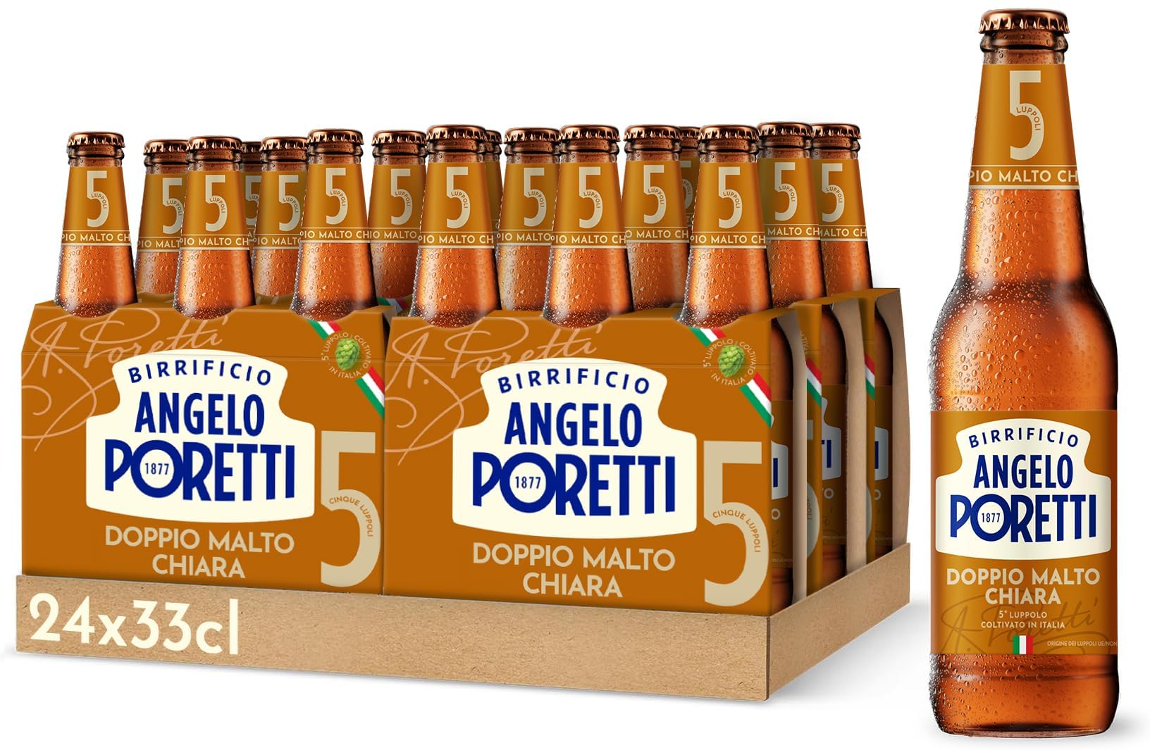 Birrificio Angelo Poretti Birra 5 Luppoli Doppio Malto Chiara, Cassa con 24 Bottiglie da 33cl, Birra Bock Doppio Malto Chiara, Gusto Maltato e Fruttato, Gradazione Alcolica 6.5% Vol.
