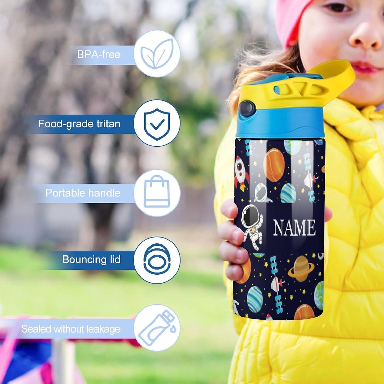 Custom Astronaut Galaxy Planets Kids Water Bottle Personalized Name Water Bottle with Leak-Proof Straw Lid Customized Stainless Steel Insulated Cup for Girls Boys