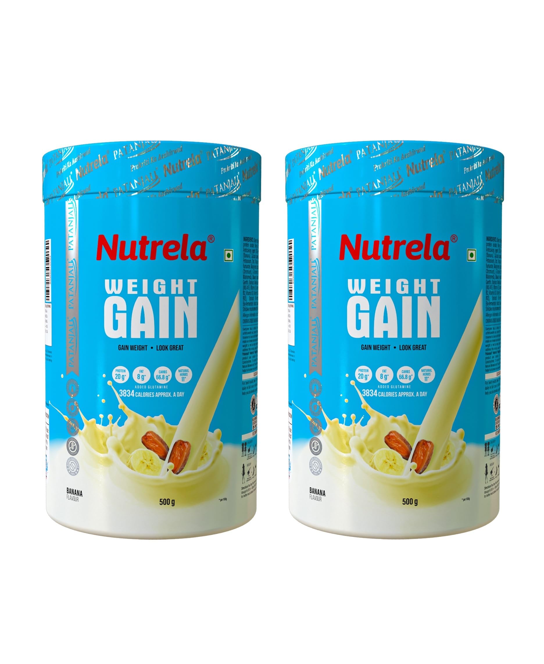 Nutrela Weight Gainer Powder - 500 gram (Pack of 2), Banana Flavour | 20g Protein, 66.8 Carbs, 13 Vitamins & 12 Minerals with Khandsari Sugar | Ideal for Athlete, Men, Women & Kids above 10 Year (B0CR1J9G71) Amazon Price History, Amazon Price Tracker